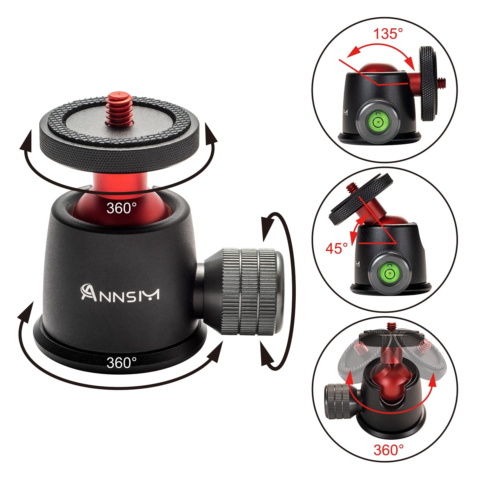 Annsm Tripod Ball Head 360° Panoramic And 135° Tilt Rotatable With 1/4” Screw Thread And Volume Locking Knob For Dslr Cameras/Tripods/Monopods/Camera Slider Track/Camera Dolly Slider