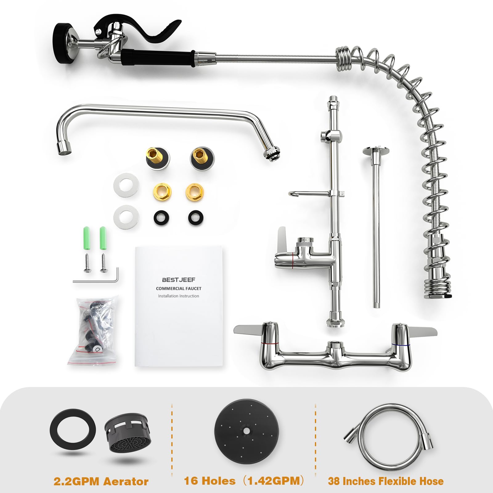 Bestjeef Commercial Sink Faucet With Sprayer For Restaurant-Chefs : Commercial Kitchen Faucet For Cook - 36" Height 8" Center Wall Mount Kitchen Faucet With Stainless Spring Spray And 12" Add-On Spout