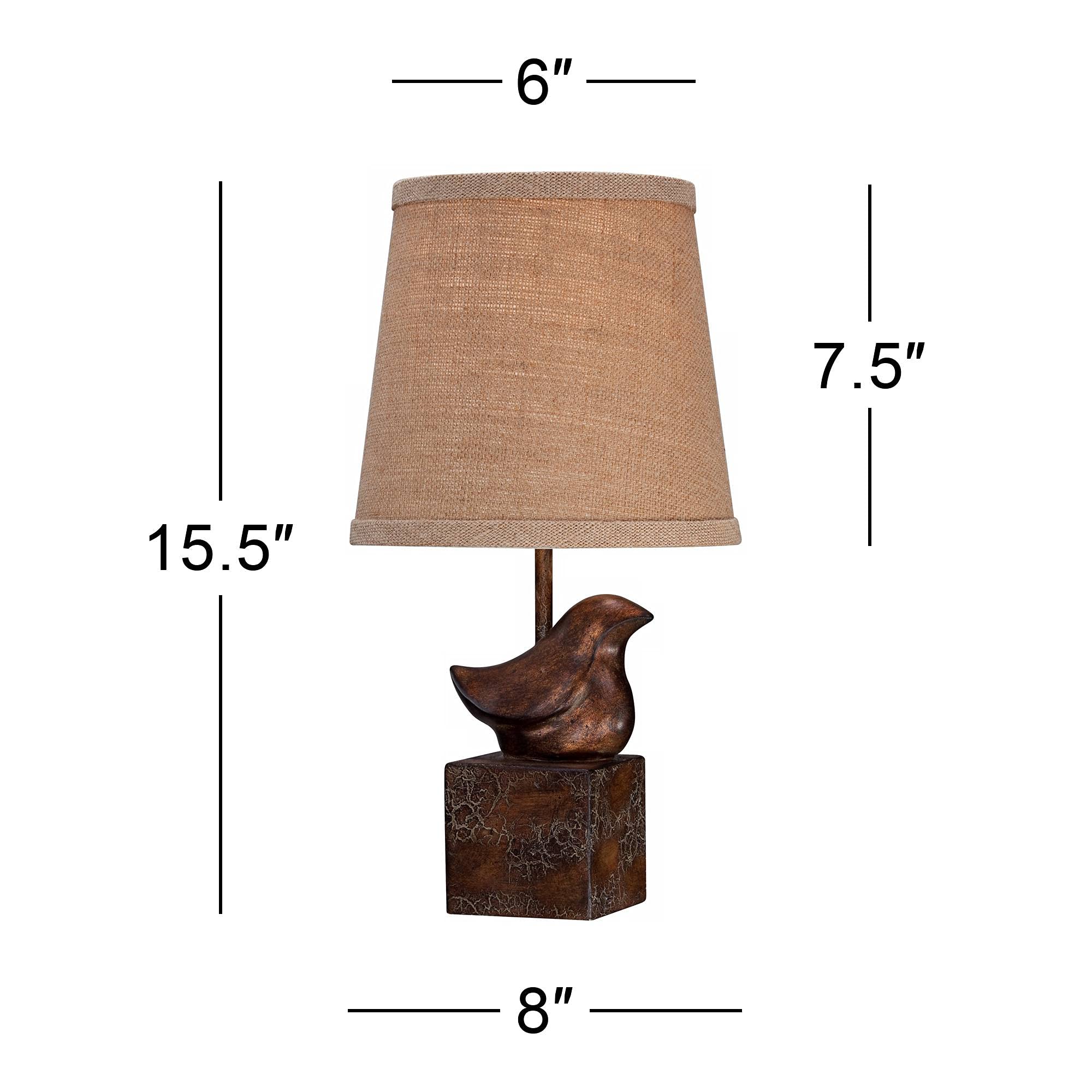 360 Lighting Bird Modern Rustic Farmhouse Accent Table Lamp 15 1/2" High Sculptural Crackle Bronze Brown Natural Burlap Hardback Drum Shade For Bedroom House Bedside Nightstand Home Office