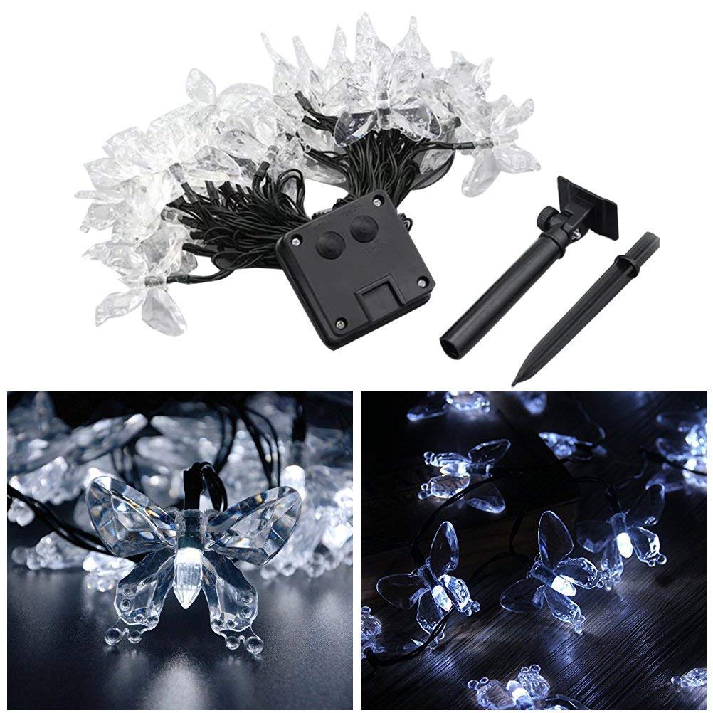 Muequ Butterfly String Lights, Waterproof Solar String Lights 16Ft 20Led Butterfly Solar Fairy Lights Decorative Lighting For Wedding,Garden,Home,Porch,Lawn,Holiday Decorations (White)
