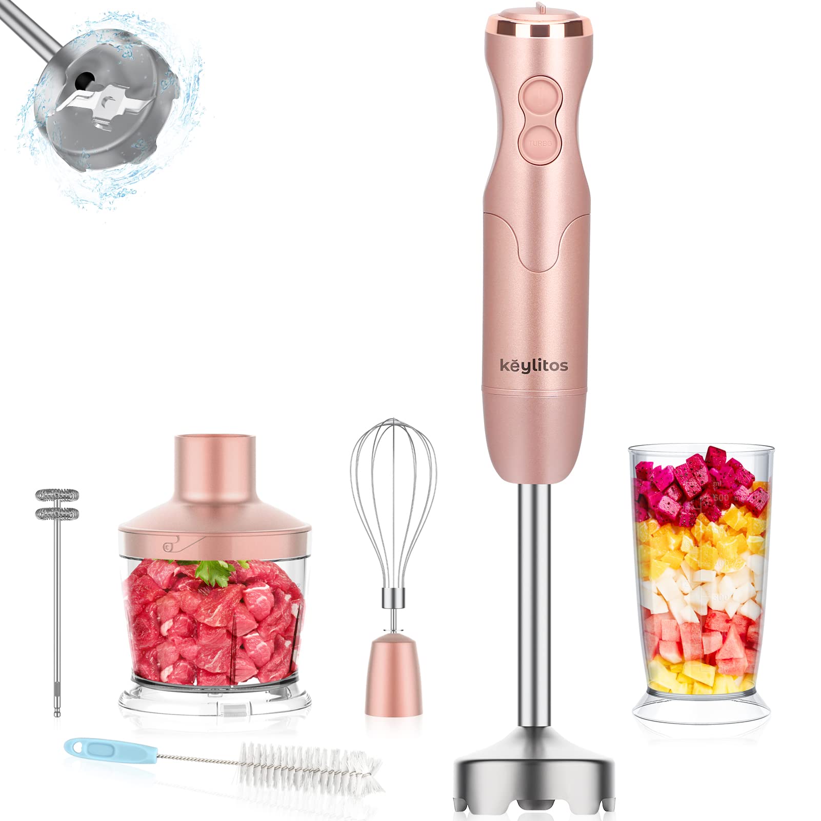 Keylitos 5-In-1 Immersion Hand Blender, Powerful 12-Speed Stick Blender With 304 Stainless Steel Blades, Chopper, Beaker, Milk Frothing Attachment And Egg Whisk, Golden Pink
