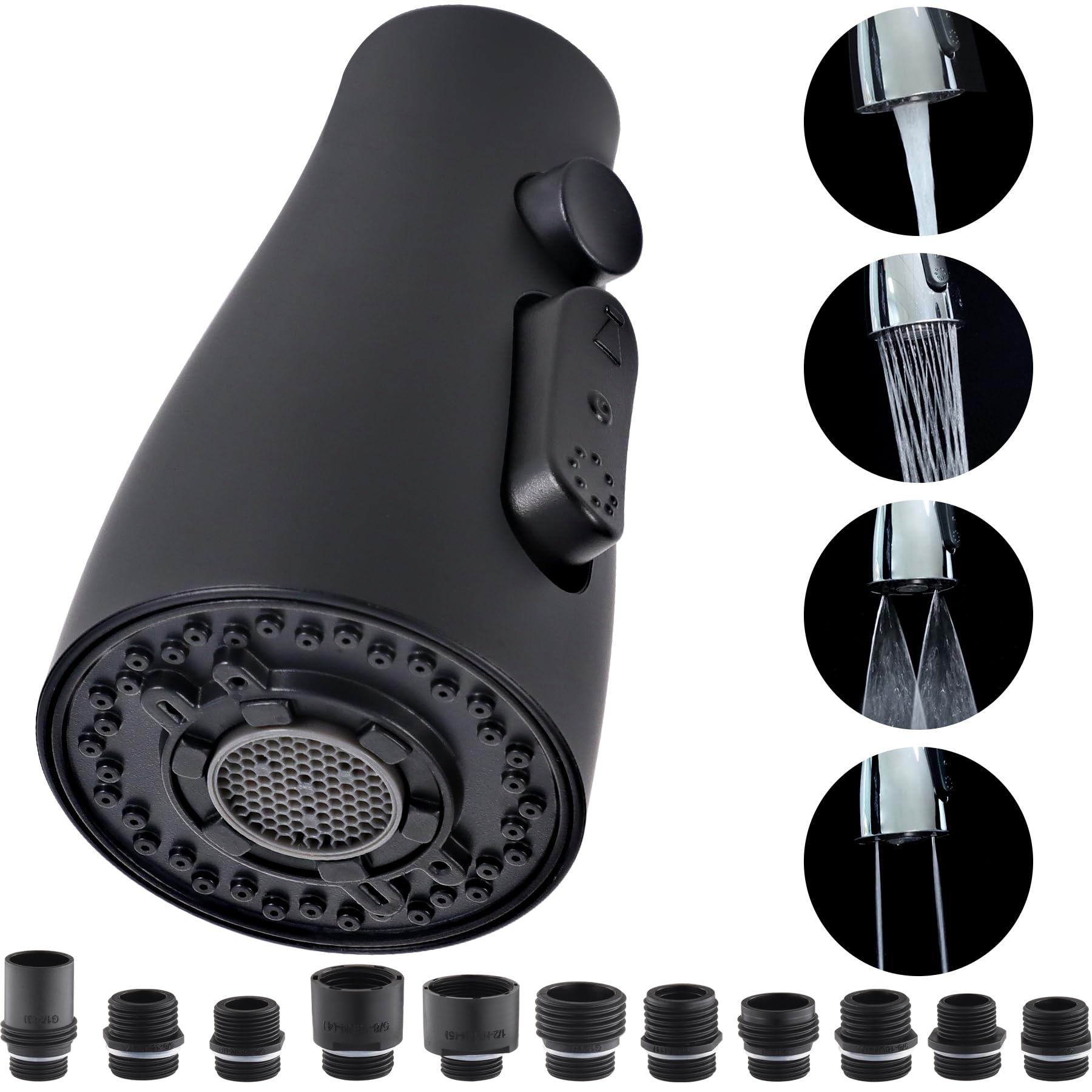 Hsmhose Kitchen Faucet Head Replacement 4 Modes, Pull Down Faucet Sprayer Head Nozzle Kitchen Sink Faucet Head With 11 Adapters(Black)