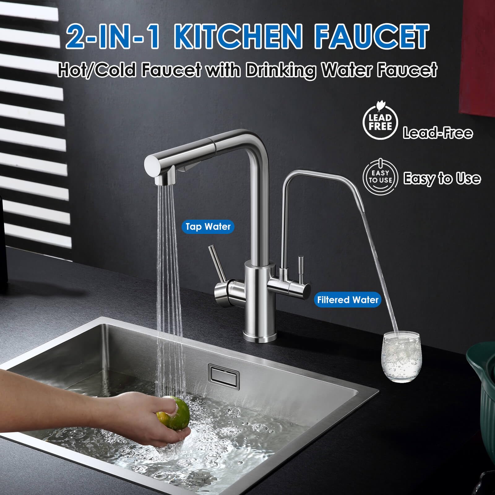 Rovogo Kitchen Sink Faucet With Filtered Drinking Water Spout And Pull Out Sprayer, Dual Handle Single Hole, 304 Stainless Steel, Brushed