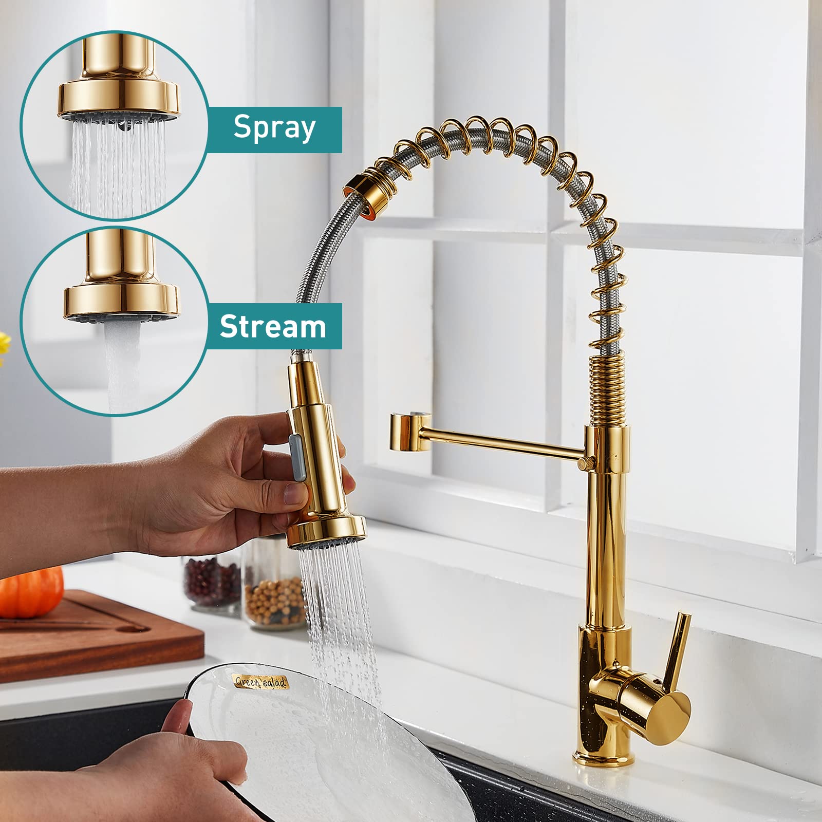 Fvita Kitchen Faucet With Pull Down Sprayer Polished Gold Kitchen Sink Faucet Single Handle Spring Single Hole Faucet For Kitchen Sink