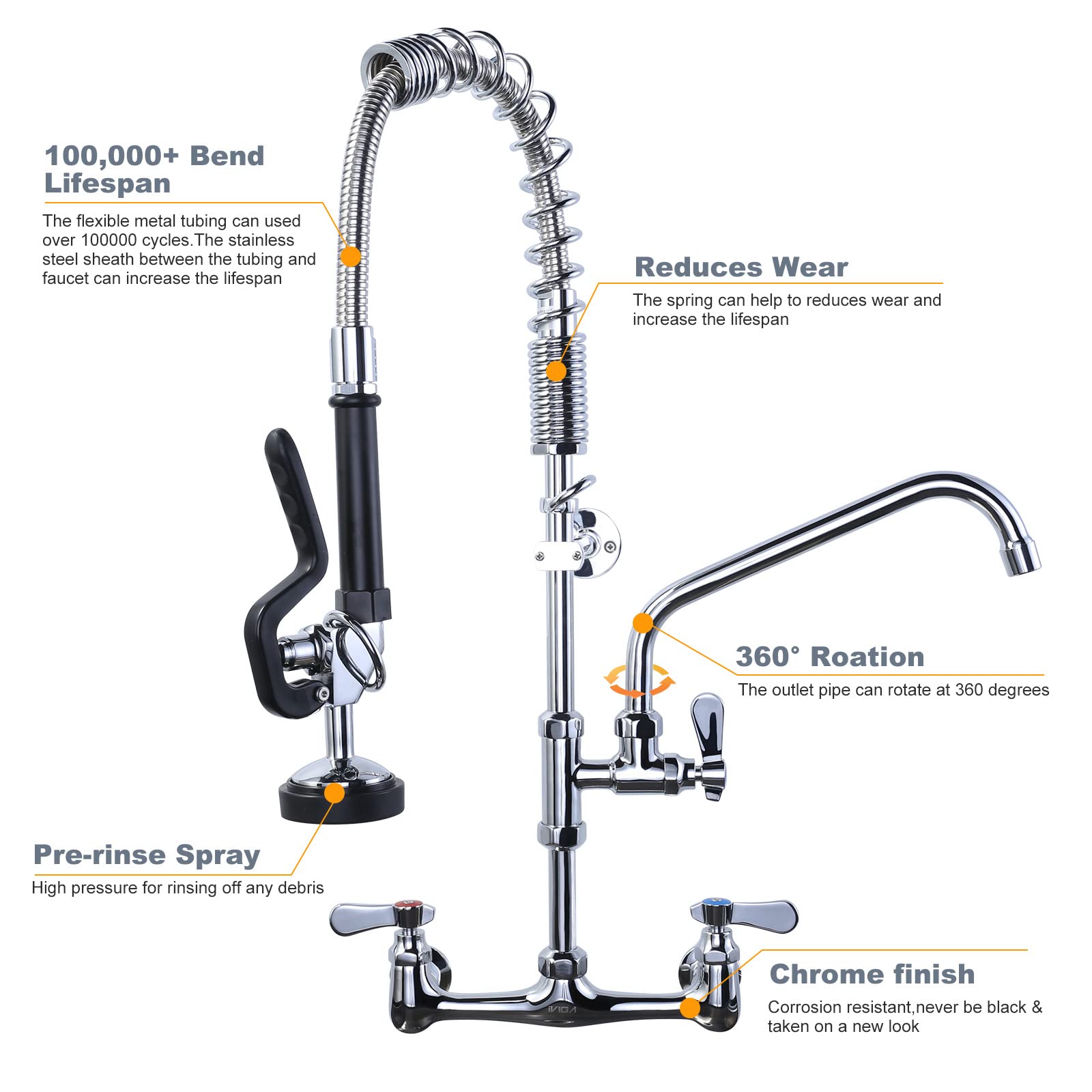 Iviga Commercial Kitchen Faucet Wall Mount With Pre-Rinse Sprayer 8 Inch Center Wall Mount Kitchen Sink Faucet With 9.6" Add-On Swing Spout 25" Height Faucet With Pull Down Spray