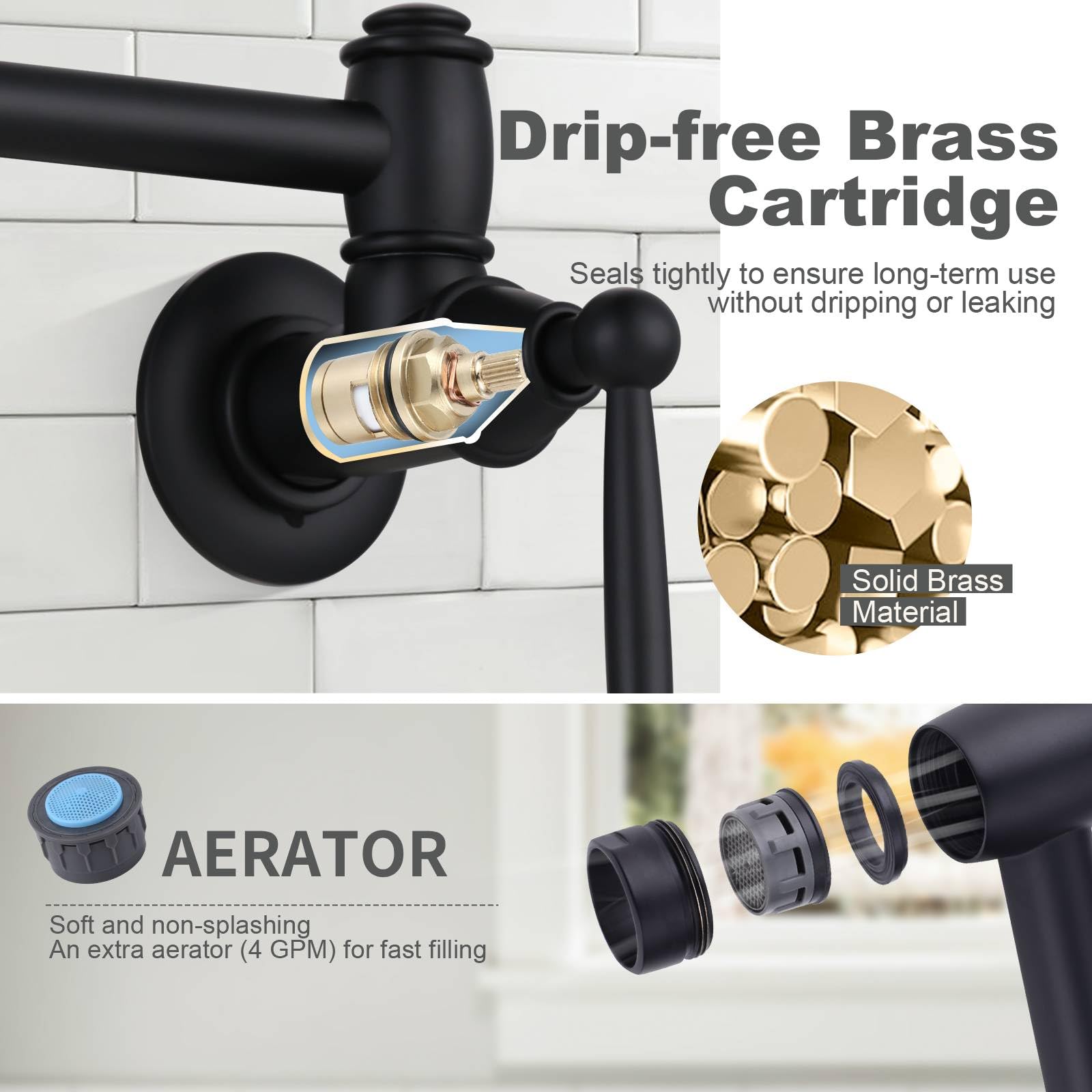 Arcora Black Pot Filler, Modern Wall Mount Kitchen Folding Faucet With 2 Handles, Double Joint Swing Arms, Brass Stove Faucet