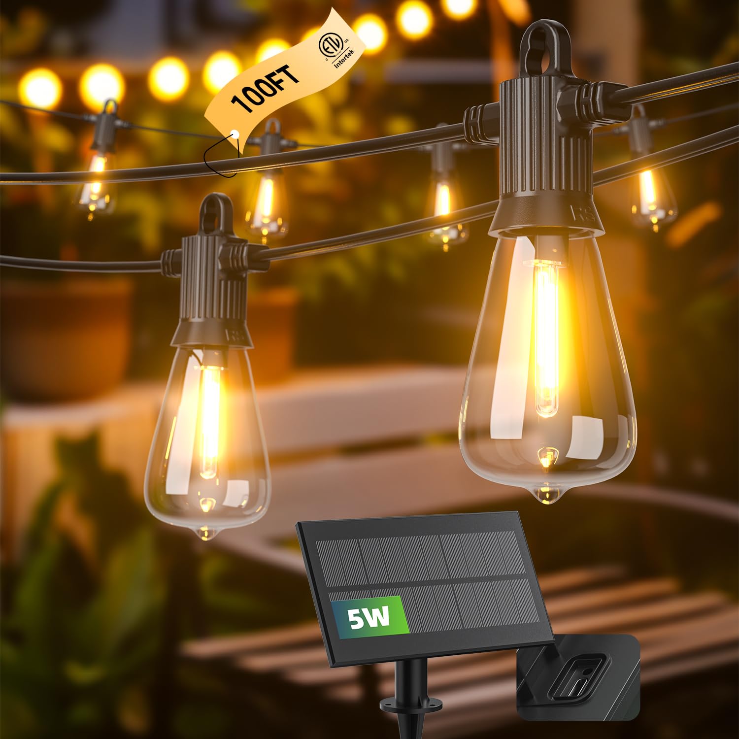 Kawaya Solar-Powered Outdoor String Lights: 100 Ft Led Outside Patio Lights With Usb-Charging - Ip65 Waterproof Hanging Lights - 50+2 Shatterproof Edison Bulbs For Bistro Cafe Camp Yard Porch Balcony