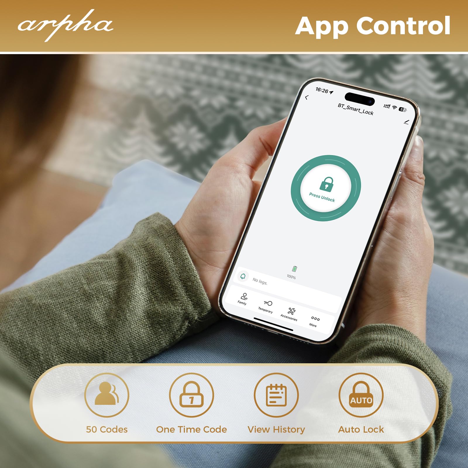 Arpha Fingerprint Door Lock • Keyless Entry Door Lock Deadbolt • Multiple Entry Methods – App • Fingerprint Touch Id • Keypad Code • Traditional Key • Auto-Lock • Ip54 Waterproof • Easy To Install, Black