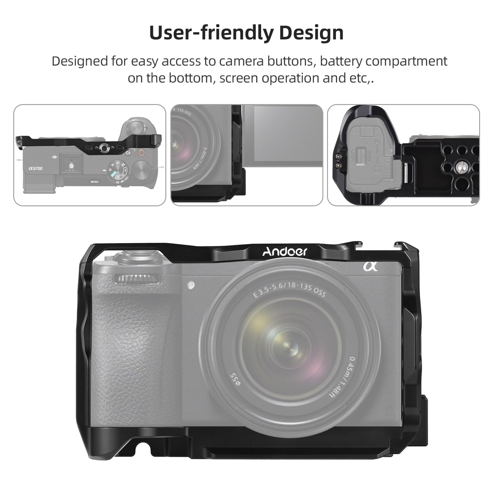 Andoer Camera Stabilizer Cage For Camera Top Handle + Protective Cage Kit For Side Grip Video Cage For Camera Aluminium Alloy With Slot