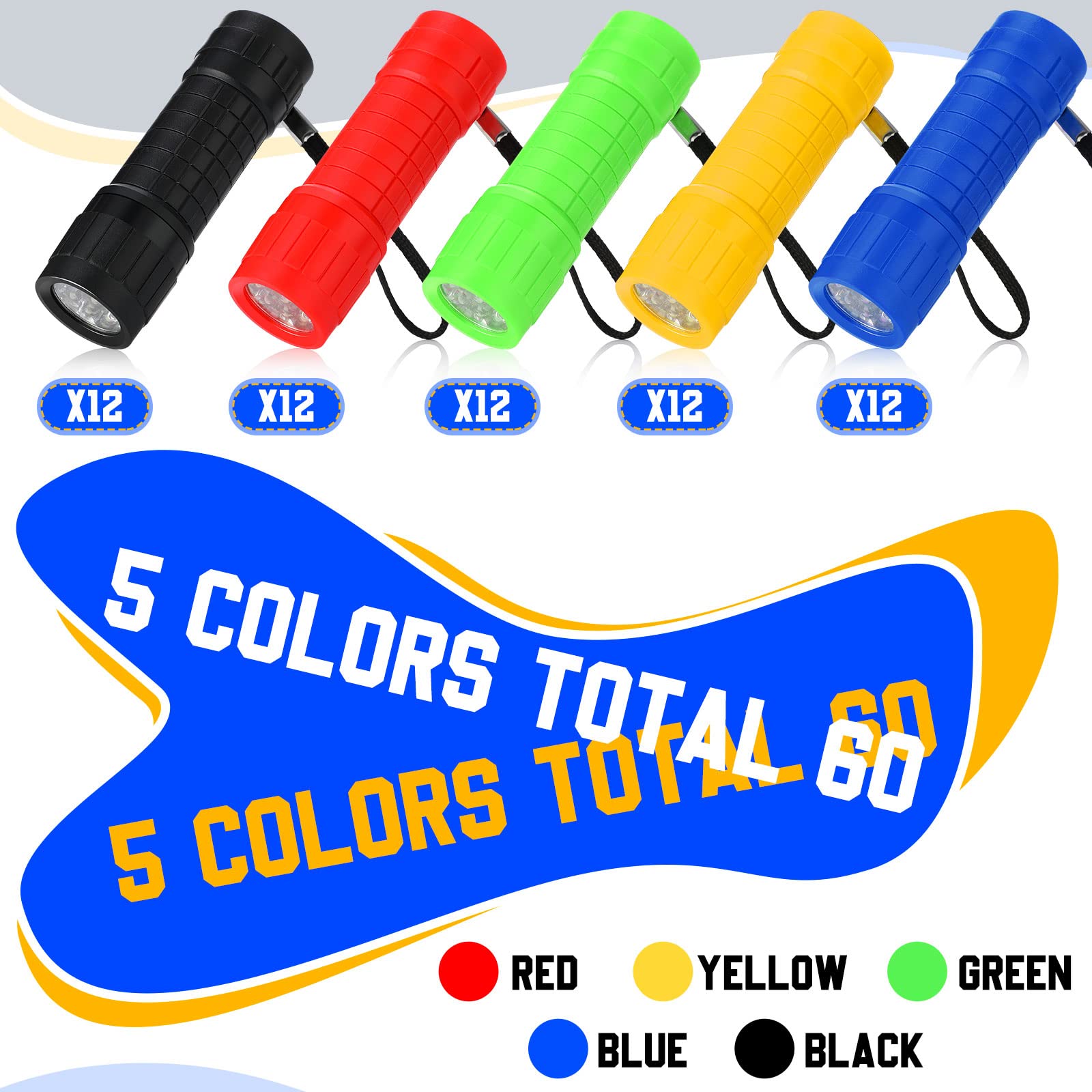 Riakrum 60 Pack 9 Led Flashlight Bulk Small Plastic Handheld Flashlights With Lanyard For Home School Night Reading Emergency Christmas , Aaa Batteries Included(Fresh Color)