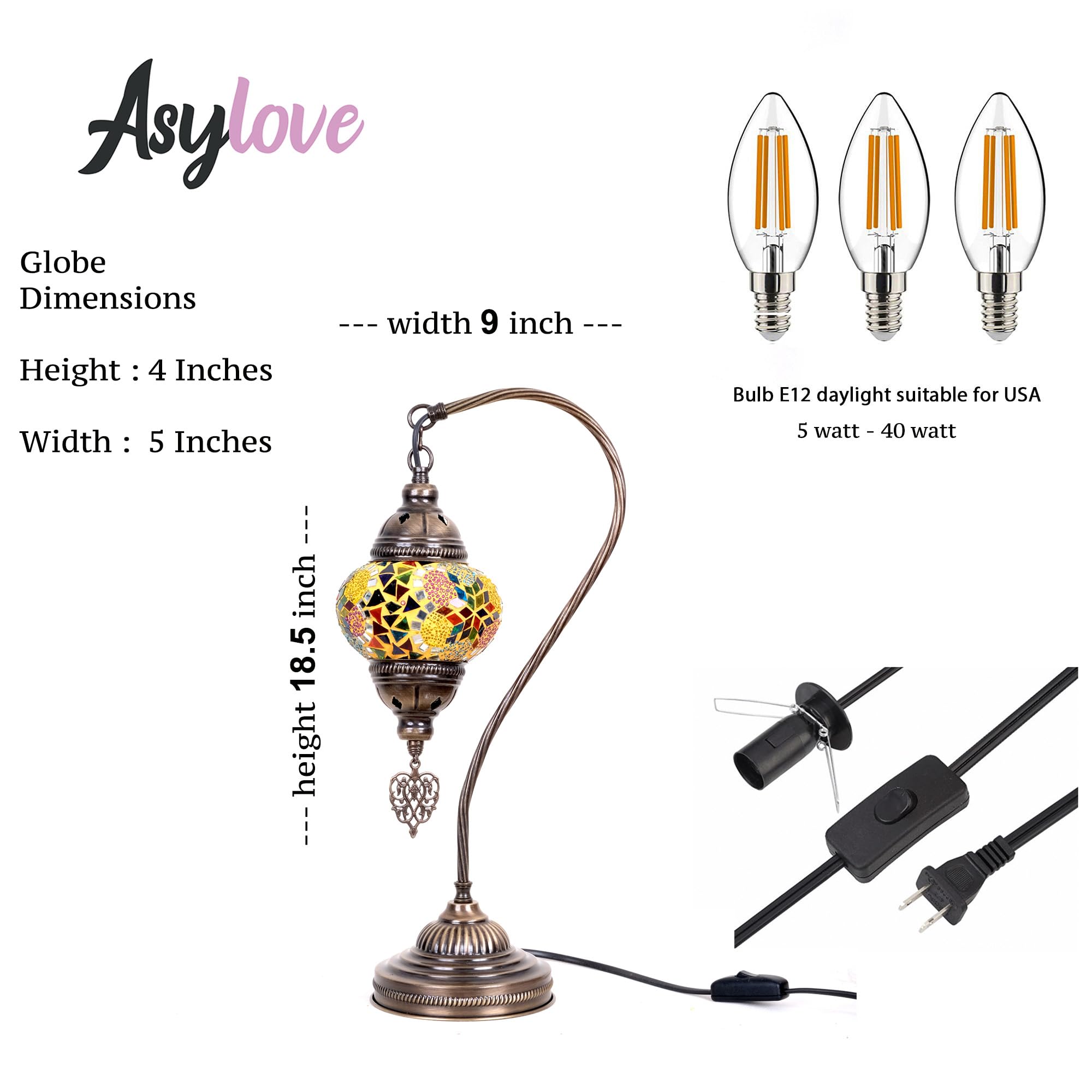 Asylove Turkish Lamp, Moroccan Table Lamp, Mosaic Desk Lamp, Decorative Lighting, Turkish Lantern, 5 Inch Globe Lighting, Total Dimensions 9 Inch X 18.5 Inch (Mixturquoise)