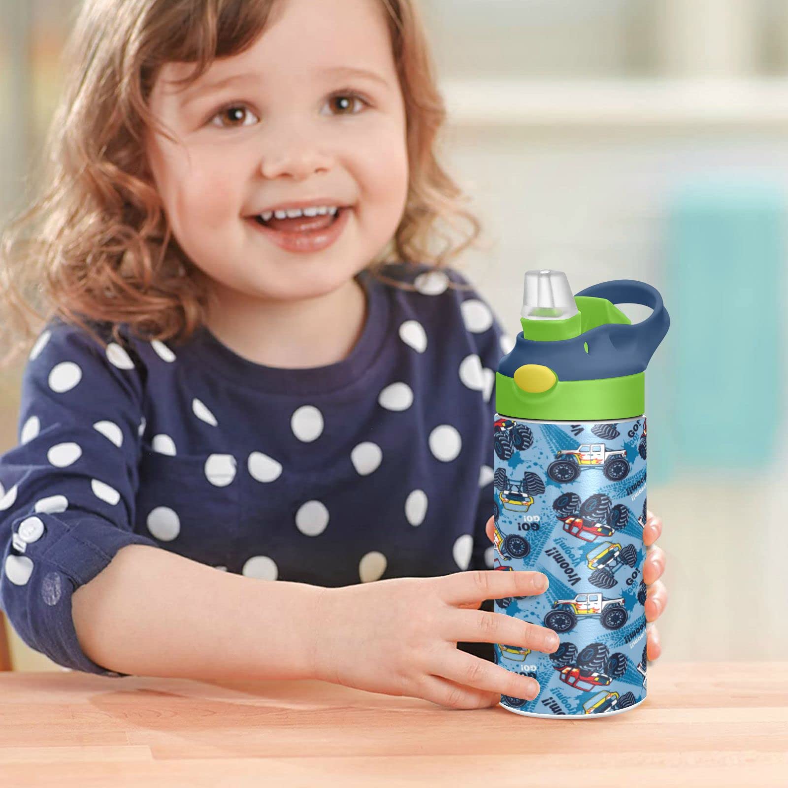 Boccsty Monster Truck Cars Seamless Pattern Kids Water Bottle With Straw Lid Insulated Stainless