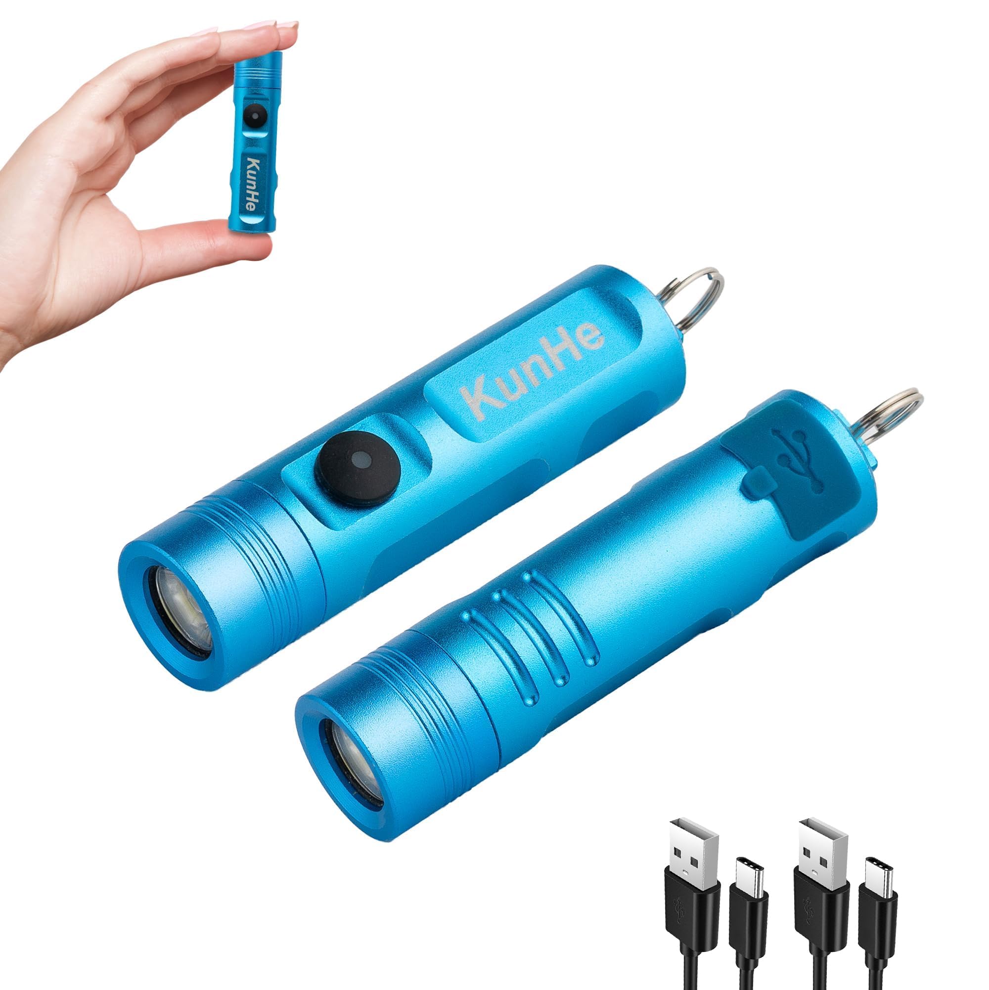 Kunhe 2 Pack Blue Rechargeable Keychain Flashlight Portable Small Mini Flashlight Edc Pocket Flashlight 300 Lumens For Home Hiking Unlocking Doors Walking Dogs Wallet