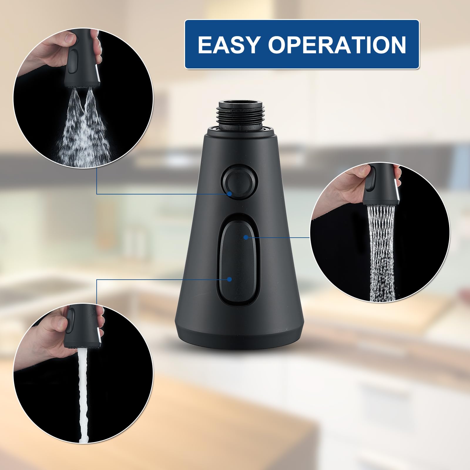 Qaoyede Pull Down Kitchen Faucet Head Replacement Parts,Sprayer Nozzle With 9 Adapters For Kitchen Sink Faucet, Stream Spray And Dual Waterfall Modes, Black