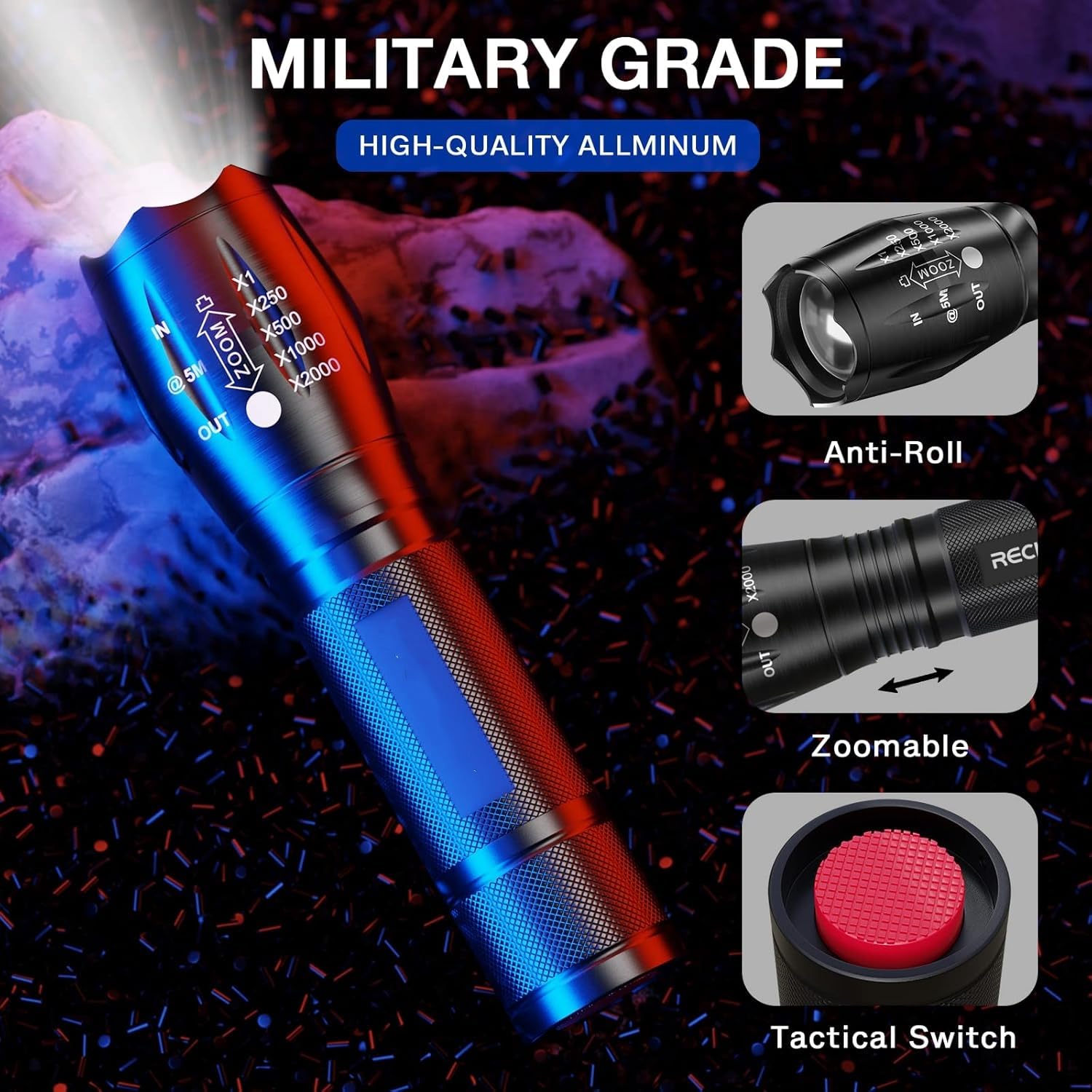 Xixiyang Led Adjustable Focus Flashlight, High Lumens Flash Light, Battery Powered, Portable, Waterproof, Multifunctional, Flashlight For Emergencies, Camping, Travel, Hiking, Car, Home