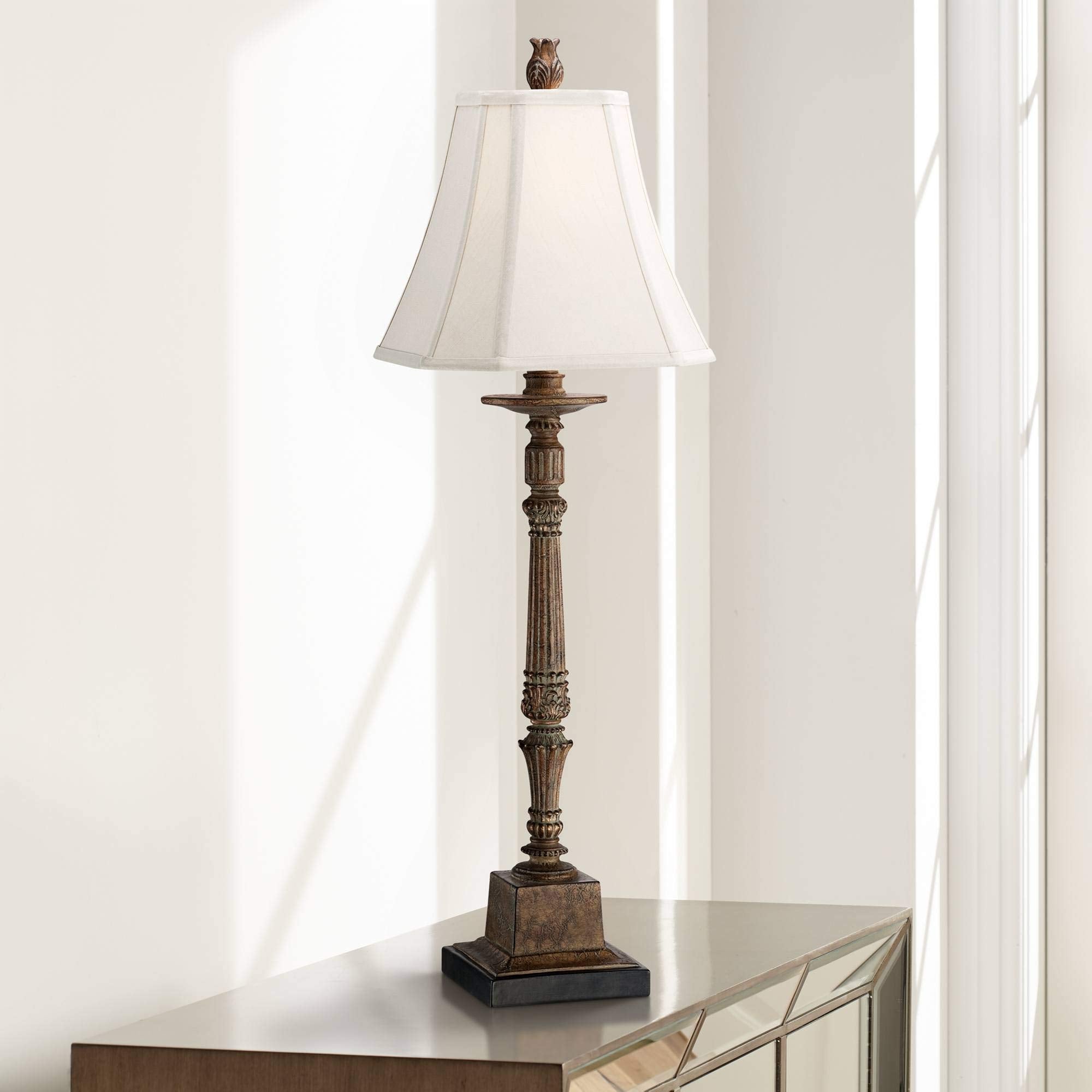 Regency Hill Thorood 35 1/2" Tall Large Traditional End Table Lamp Brown Finish Single Fabric Beige Shade Console Living Room Bedroom Bedside Nightstand House Office Home Reading Kitchen Entryway