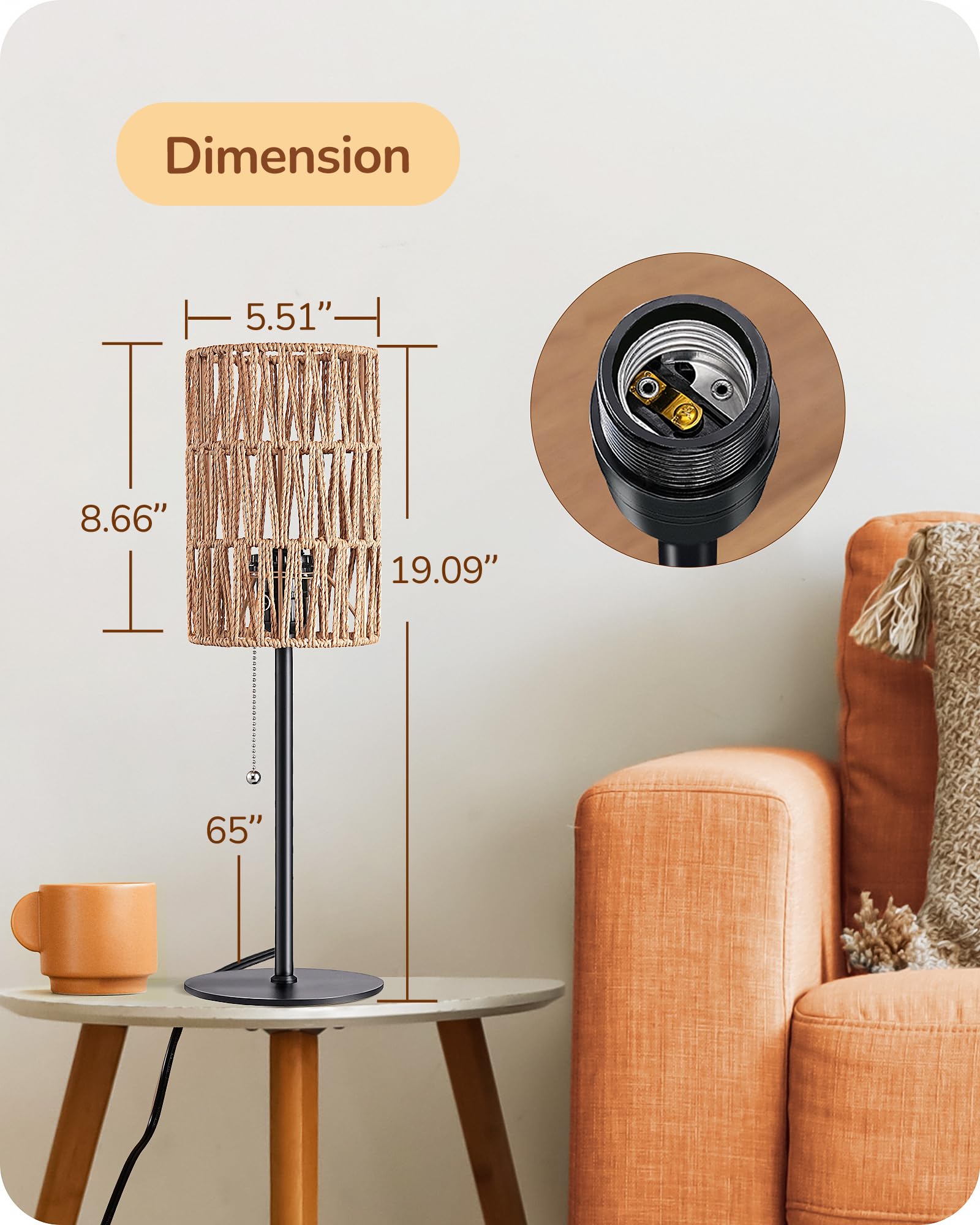 Edishine 19.1" Rattan Table Lamp, Tall Bedside Lamp With W-Knit Lampshade, Pull-Chain Switch & E26 Socket, Metal Base Boho Nightstand Lamp For Bedroom, Living Room, Office