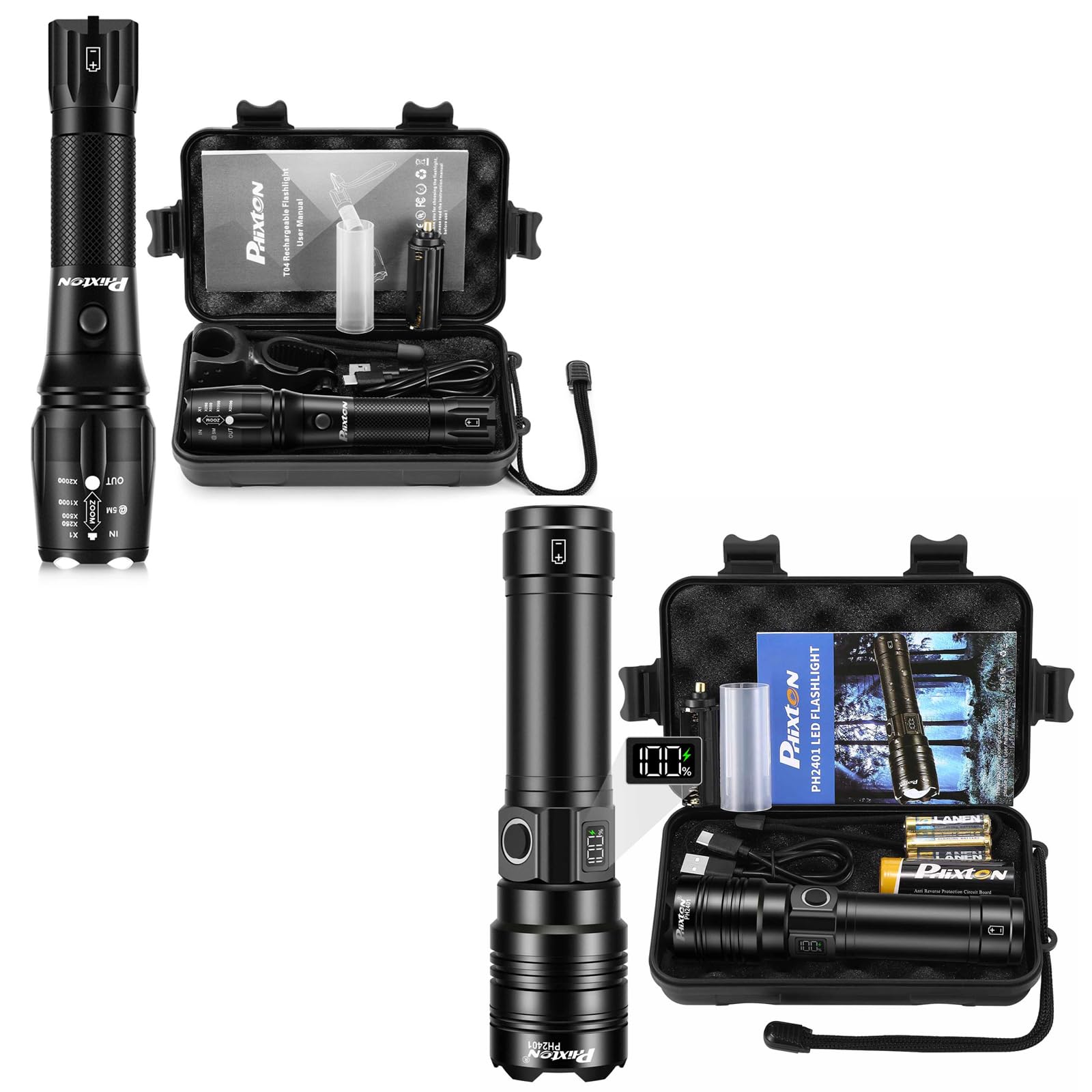 Phixton 2 Pack Rechargeable Flashlights, T04 Usb C + Ph2401 Long Range