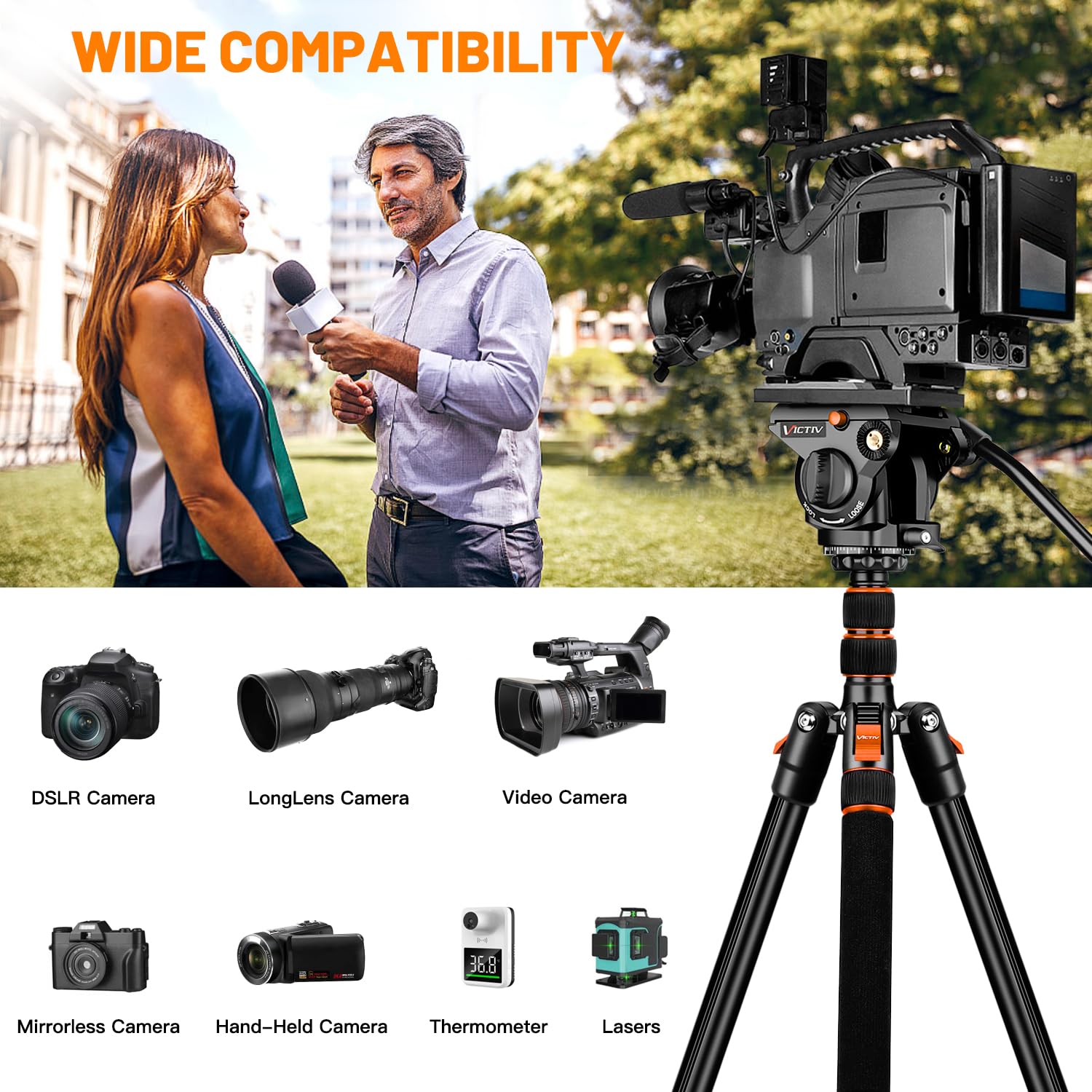 Victiv Tripod For Camera Fluid Head, Heavy Duty Camera Tripod Stand 72", Professional Video Tripod For Camera, Compatible With Canon Nikon Dslr Camcorders Binoculars Spotting Scope Telescope