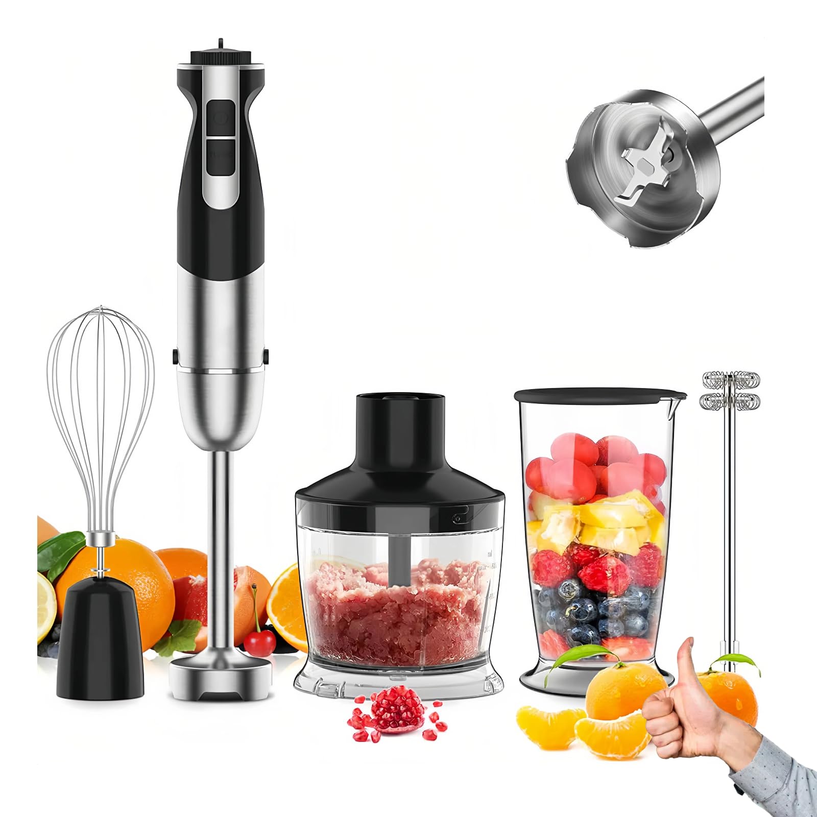 Celenature Immersion Blender Handheld, 1000W 7-In-1 Heavy Duty Motor, 12 Speed & Turbo Mode, Stainless Steel Blades, Includes Whisk, Frother, 800Ml Beaker, 600Ml Chopper For Smoothies, Soup