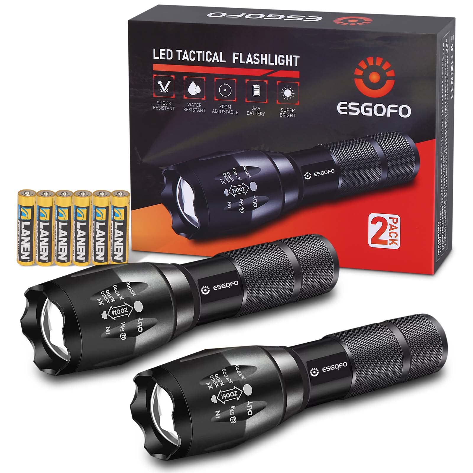 Esgofo Led Flashlights 2 Pack Bright Powerful Edc Handheld Flash Lights, High Lumens Pocket Linterna, 5 Modes, Waterproof, For Survival Emergency Camping