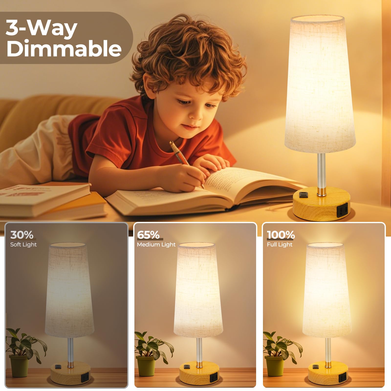 Eleutersun Touch Control Bedside Table Lamp For Bedroom, 3 Way Dimmable With Usb C Charging Ports And Ac Outlet, Small Nightstand Lamp For Living Room Office Dorm Home Office (Led Bulb Included)