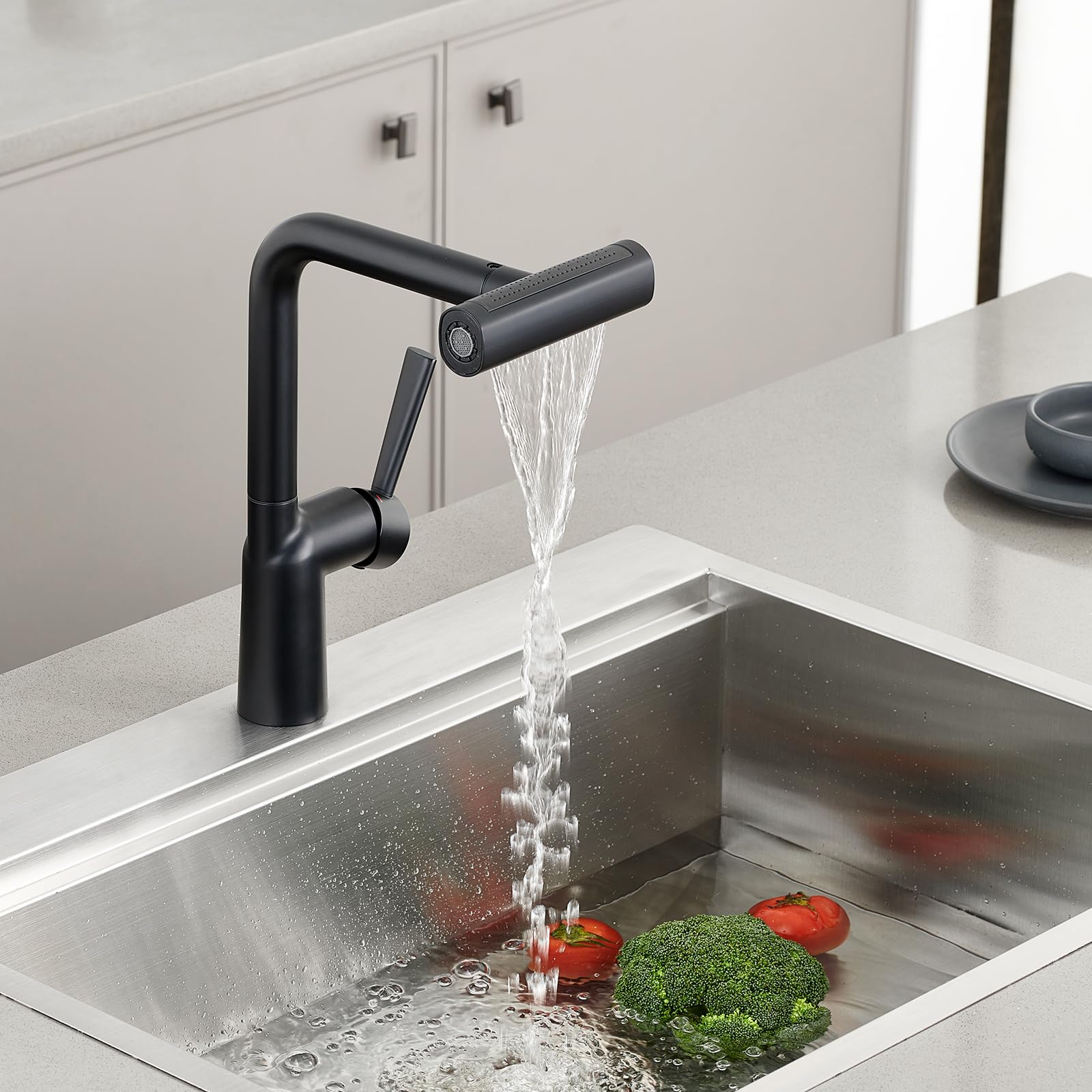 Aktines Waterfall Kitchen Faucet With Pull Down Sprayer, 4-Way Stainless Steel Sink Faucet For Kitchen, Bar, Laundry & Rv, Matte Black