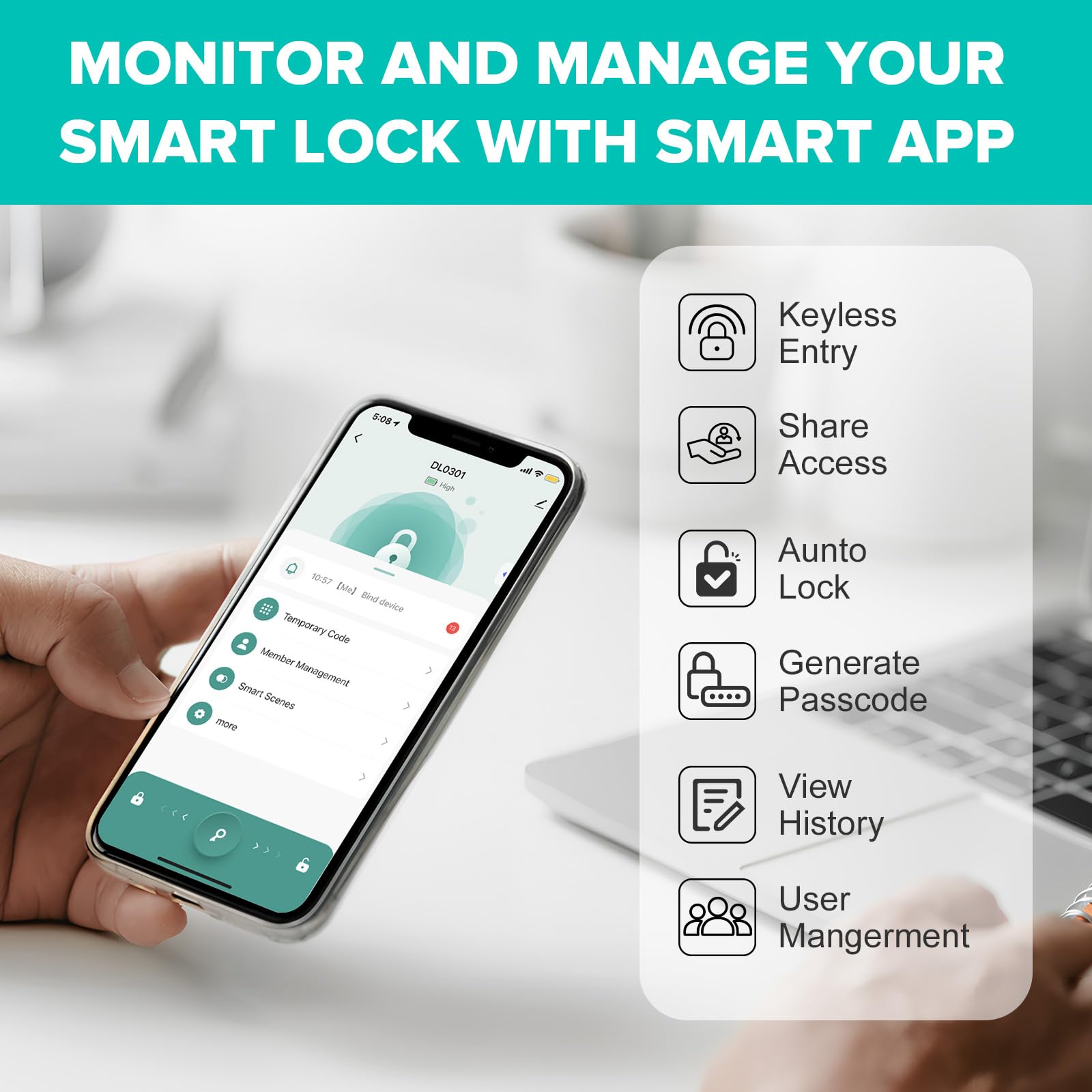 Mutak Keyless Entry Smart Door Lock With Doorbell, 6 In 1 Biometric Electric Digital Deadbolt Fingerprint Touchscreen Keypad App Ic Card With 2 Lever Handles For Front Doors Home Office Apartment