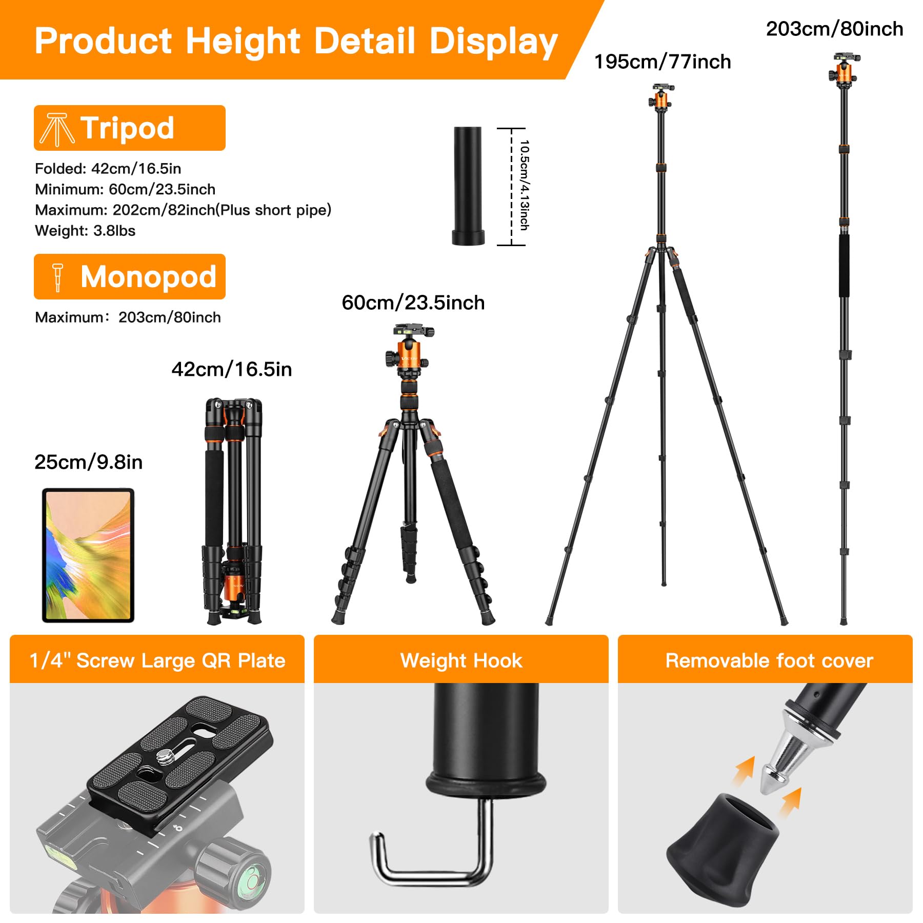 Victiv 82" Tall Camera Tripod Heavy Duty, Aluminum Dslr Tripod Monopod For Photography Travel, Professional Camera Stand For Spotting Scope Telescope Binocular