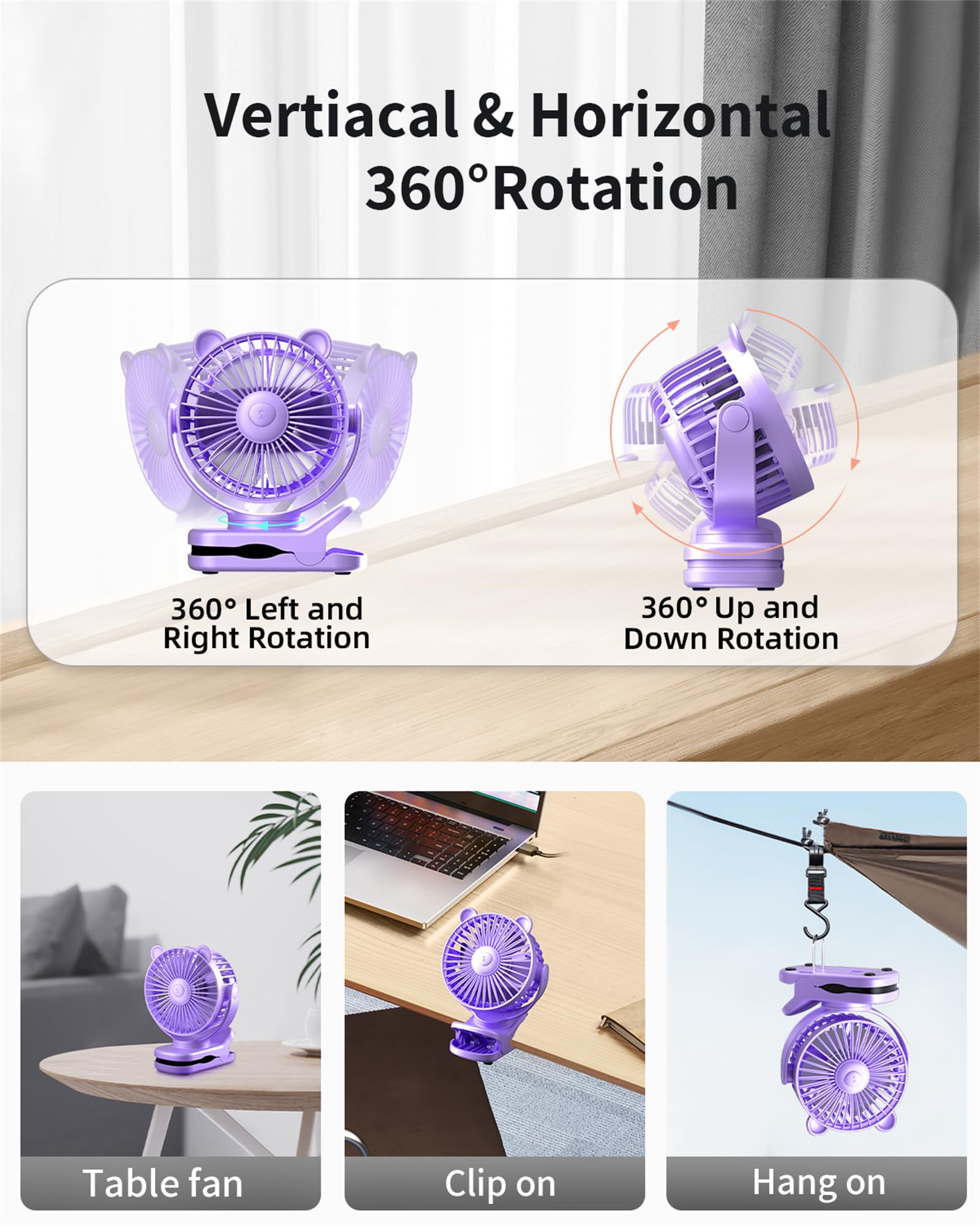 Clip On Fan, Rechargeable Portable Fan With 2000Mah Battery Operated, Stroller Fan With Powerful