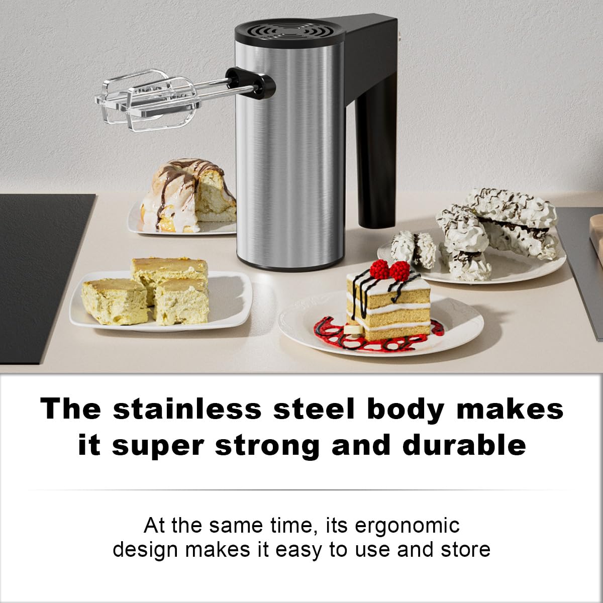 Mera House Stainless Steel Hand Blender, 5 Speed, Turbo Mixer With Interchangeable Blades, Pastry Blenders, Includes 2 Rods And 2 Hooks, Versatile Electric Manual Blender