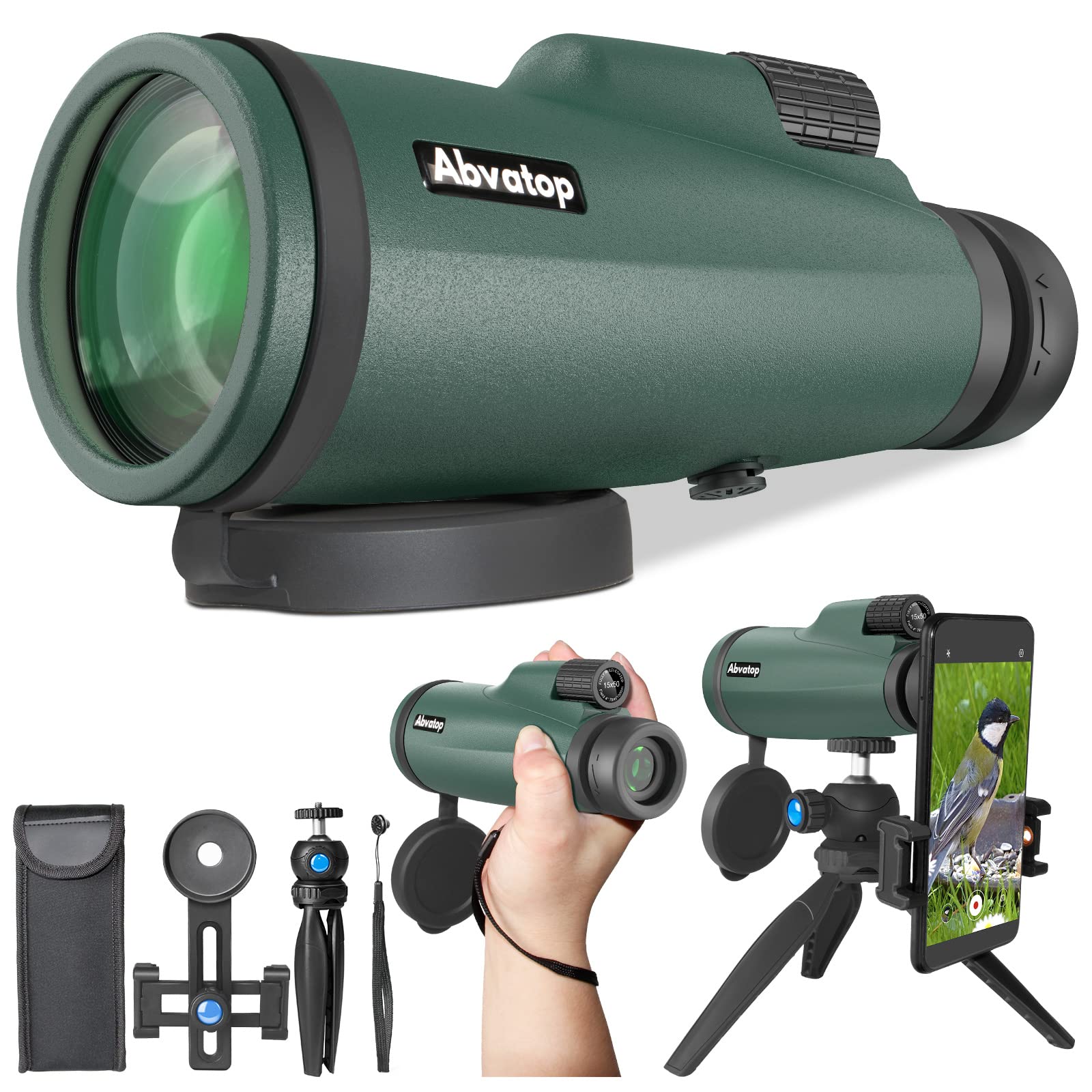 Abvatop 15X50 Monocular Telescope For Smartphone, Monoculars For Adults High Powered High-Definition Portable Handheld Telescope With Phone Adapter Bak4 Prism Fmc Lens For Hiking Hunting Camping Bird Watching