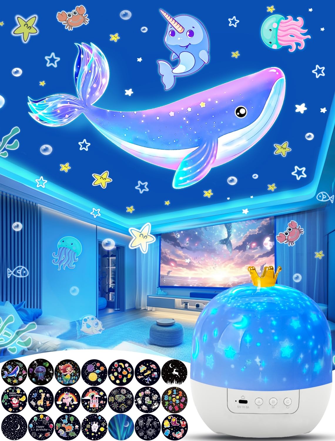 Eigther Projector Night Light For Kids + 21 Sets Of Films, Kids Night Light Projector For Bedroom, Ceiling, Star Galaxy Projector With 360° Rotation, Dimmable For Baby Girls, Christmas, Nursery, Room Decor