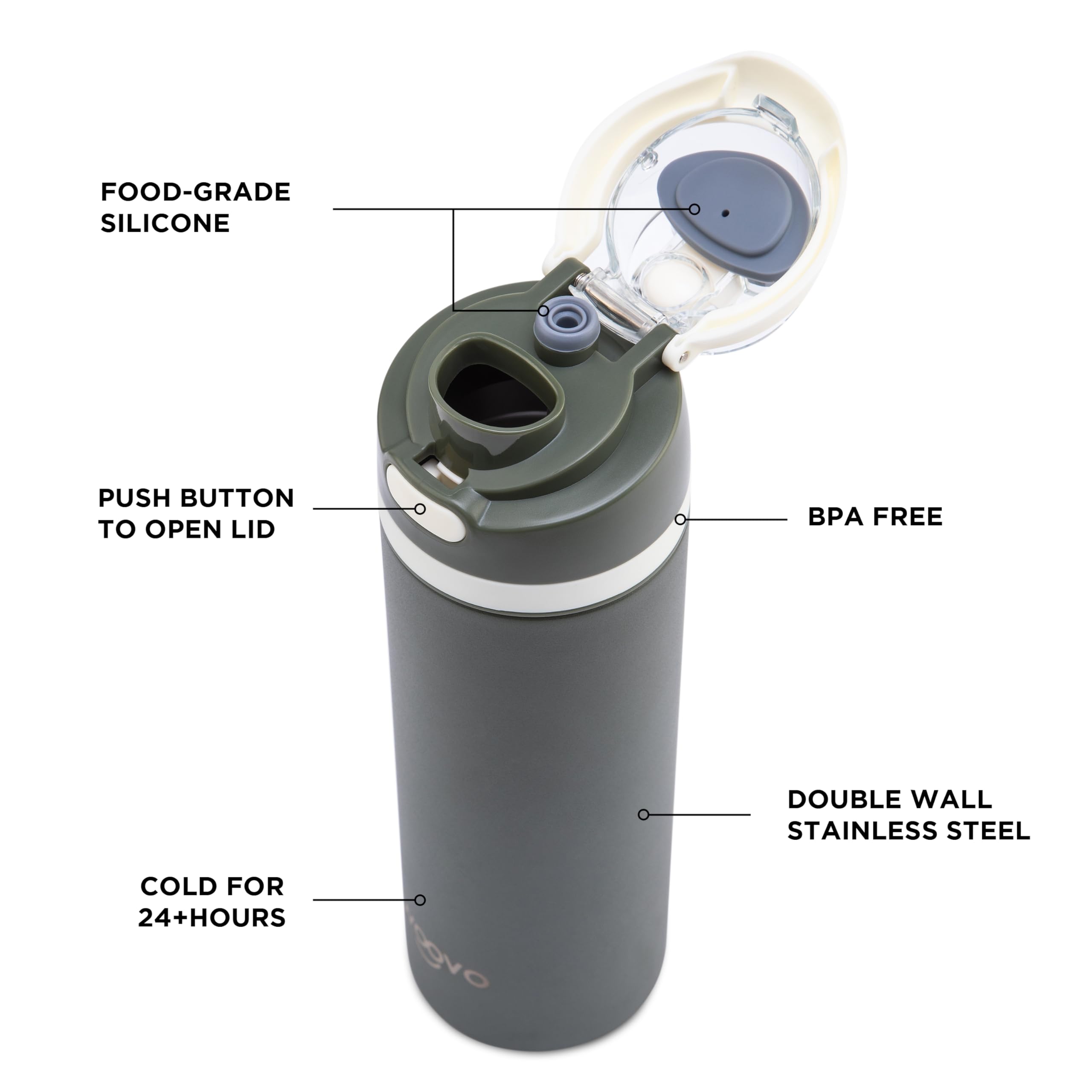 Slim Insulated Water Bottle 24 Oz, Leak Proof Water Bottle With Straw Lid And Carrying Loop