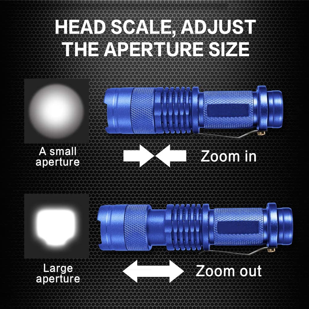 Modoao 6 Pack,7W 300Lm Sk-68 3 Modes Mini Light Black Q5 Led Tactical Flashlight, Led Mini Flashlights,Adjustable Focus Zoomable Tactical Flashlight For Camping Hiking Emergency(Blue