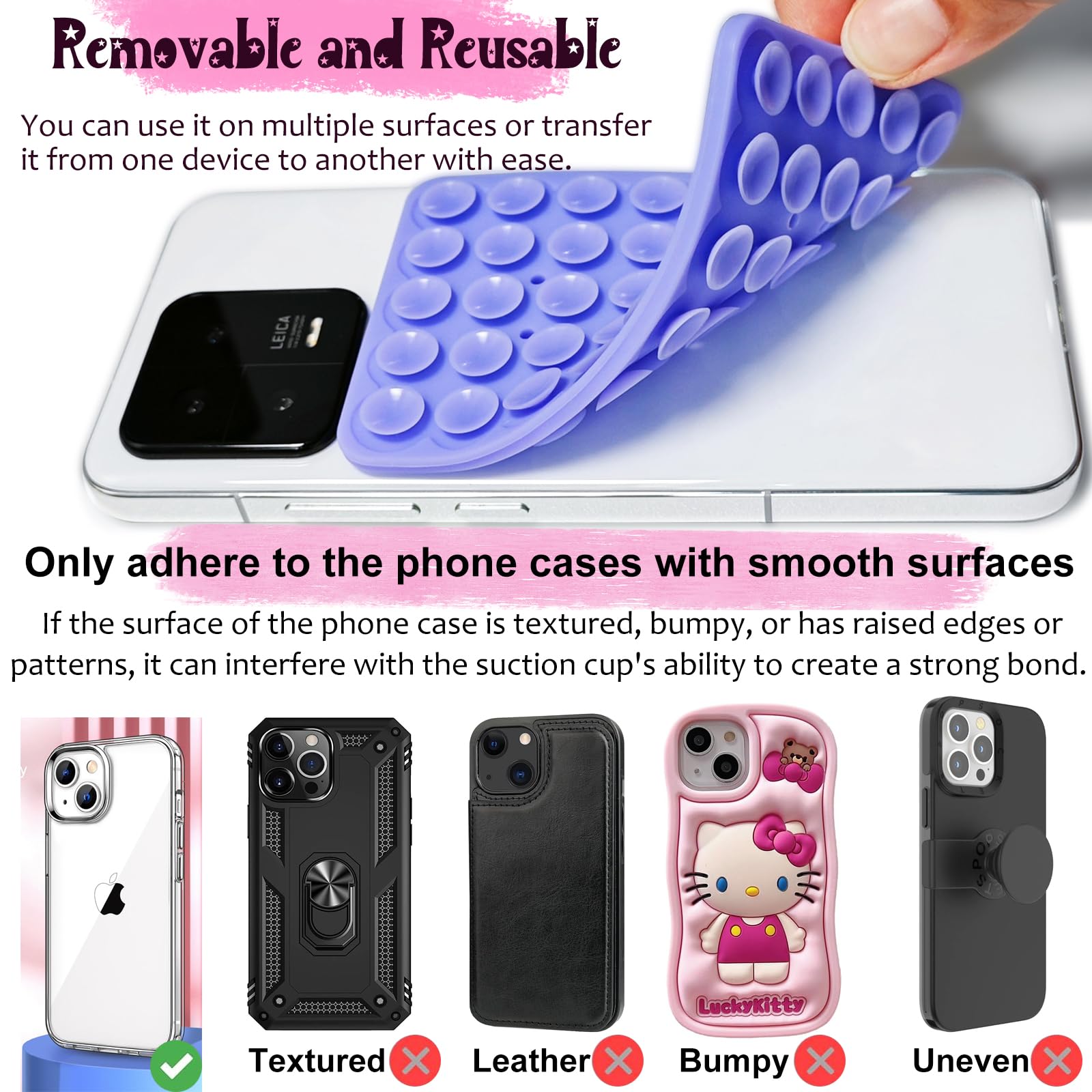 Azxyi 2 Pack Silicone Suction Cup Phone Case Mount Double Sided, Non Slip Phone Accessories For Cellphone, Hands- Strong Grip Silicon Phone Holder For Selfies And Videos (Lightpink&Translucent)