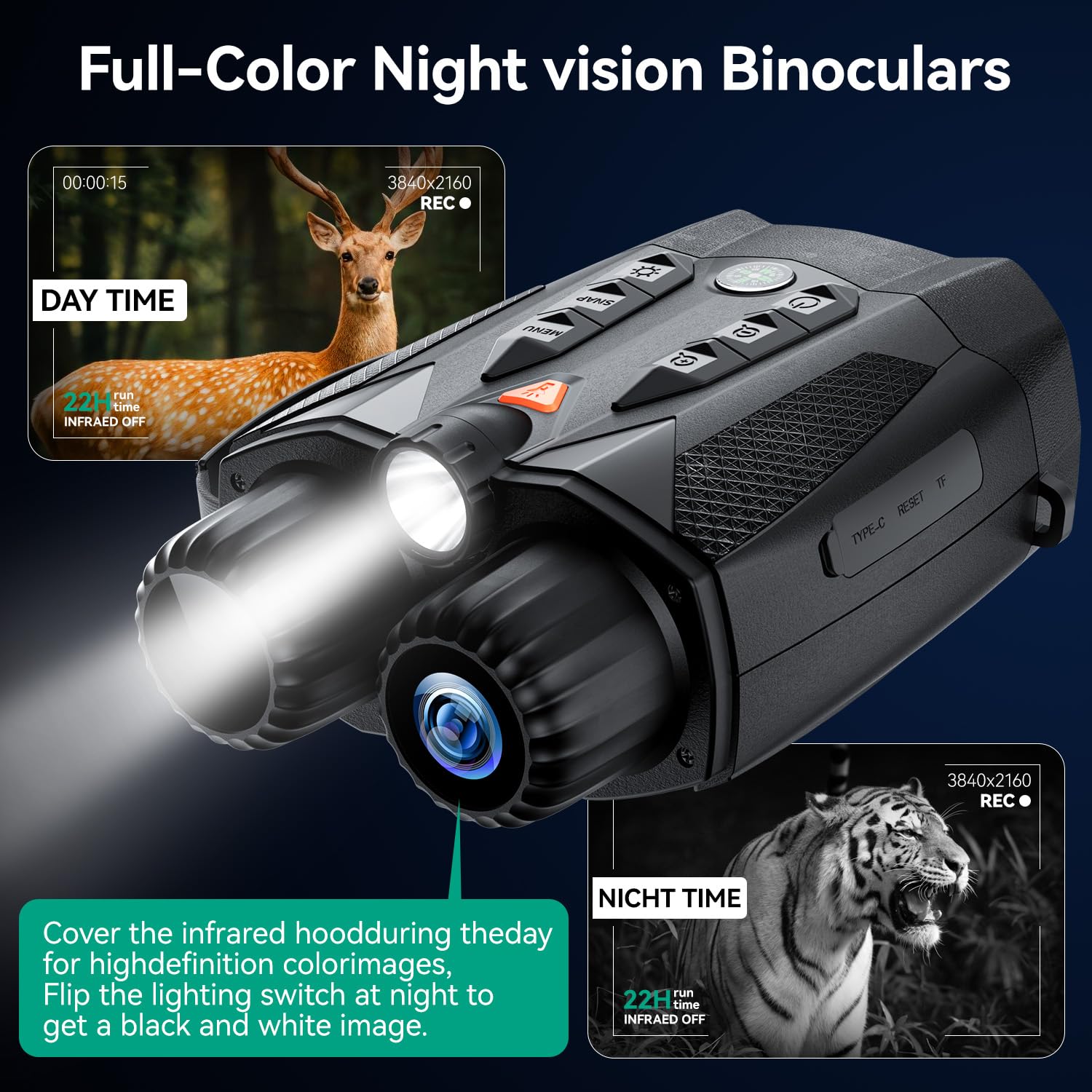 Mildhug Night Vision Goggles -4K Night Vision Binoculars with, 10X Zoom, External Tactical Light & Compass, 5000mAh Fast Charging, 32G Card, Record Video & Photos, Camping Hunting, Black