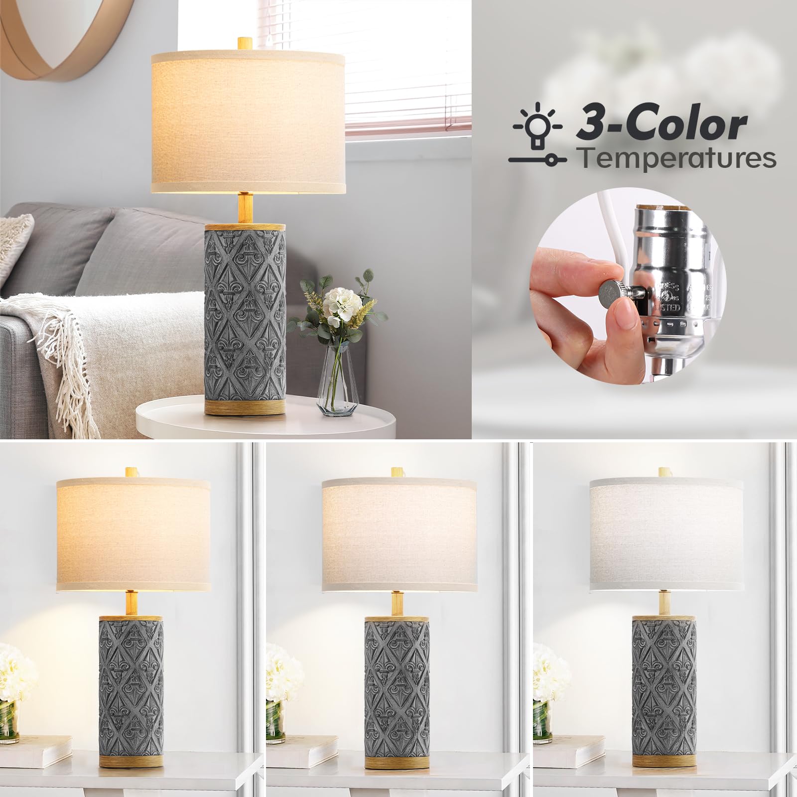 Spclsim 24.8" Farmhouse Table Lamps For Bedrooms Set Of 2, End Table Lamps For Living Room, Rustic Traditional Bedside Nightstand Lamps With Dark-Grey Resin Body Beige Shade, Bulbs Included