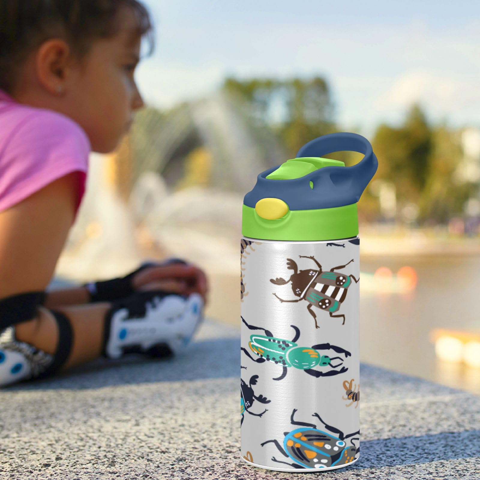 Kids Water Bottle Bright Bugs Insulated Water Bottle With Straw 12Oz Stainless Steel Double Walled