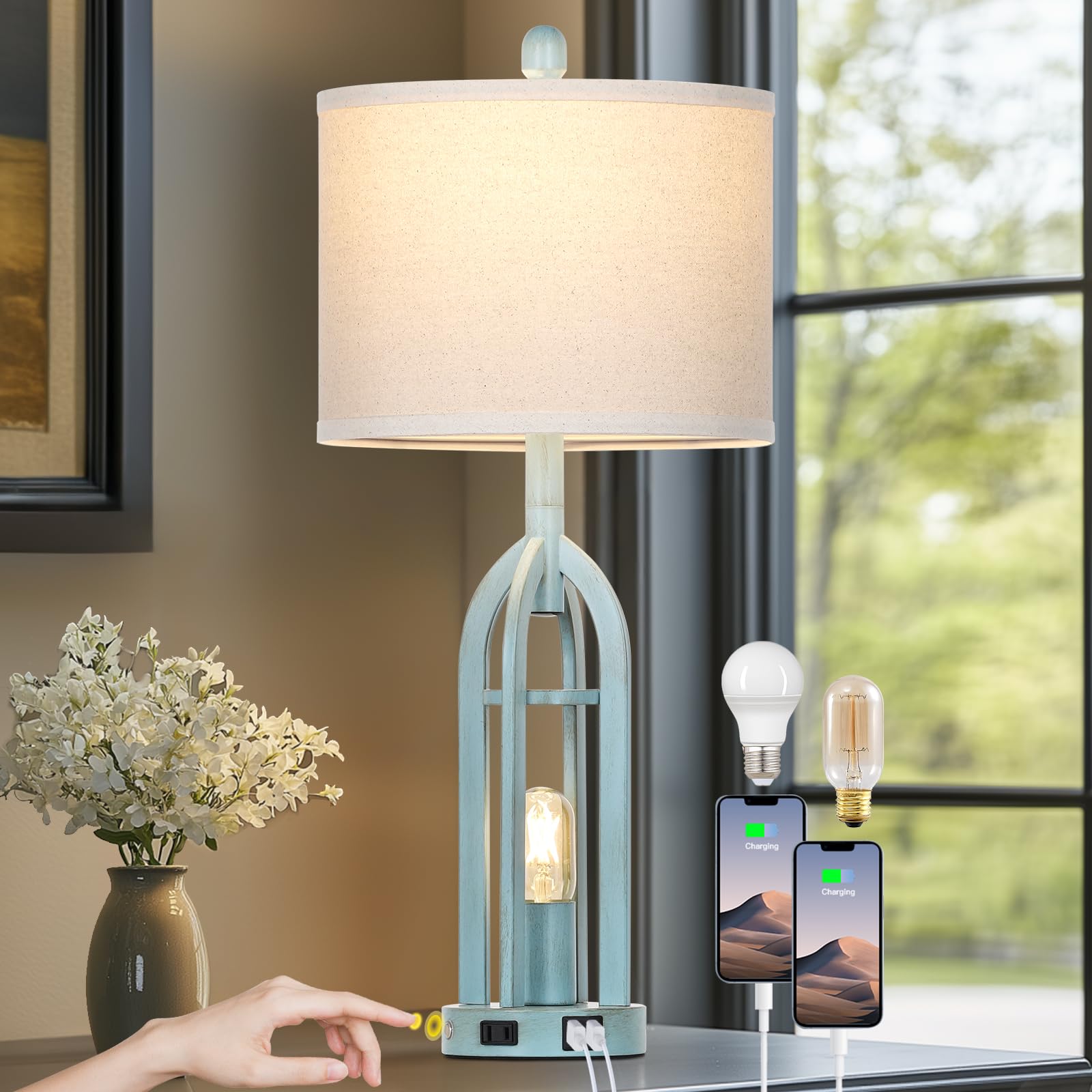 Cinyirong 27" Industrial Farmhouse Table Lamp,Vintage Rustic Blue Beside Lamp With Usb A+C Charging Ports & Ac Outlet, Metal Nightstand Lamp With Led Night Light For Bedrooms (2 Led Bulbs Included)