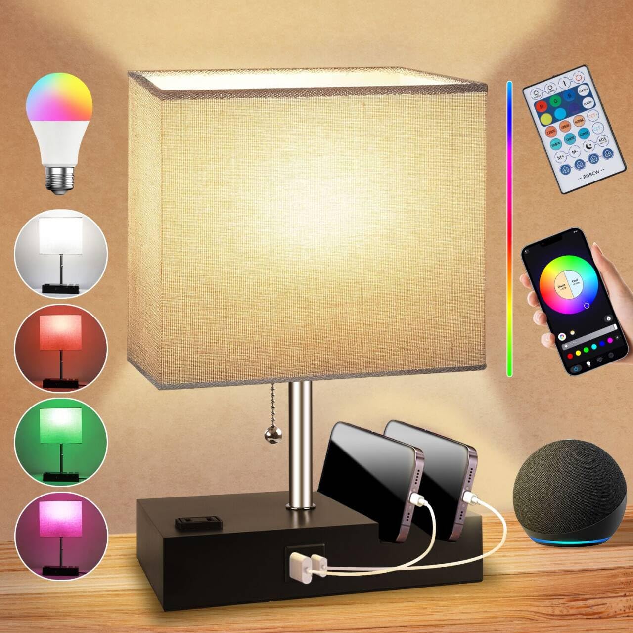 Yieelog Smart Rgb Dimmable Table Lamp Work With Alexa&App&Remote Control, Bedside Desk Lamp With Charging Ports&Outlet&Phone Stand, Music Sync Nightstand Lamp For Bedroom Living Room Office Dorm