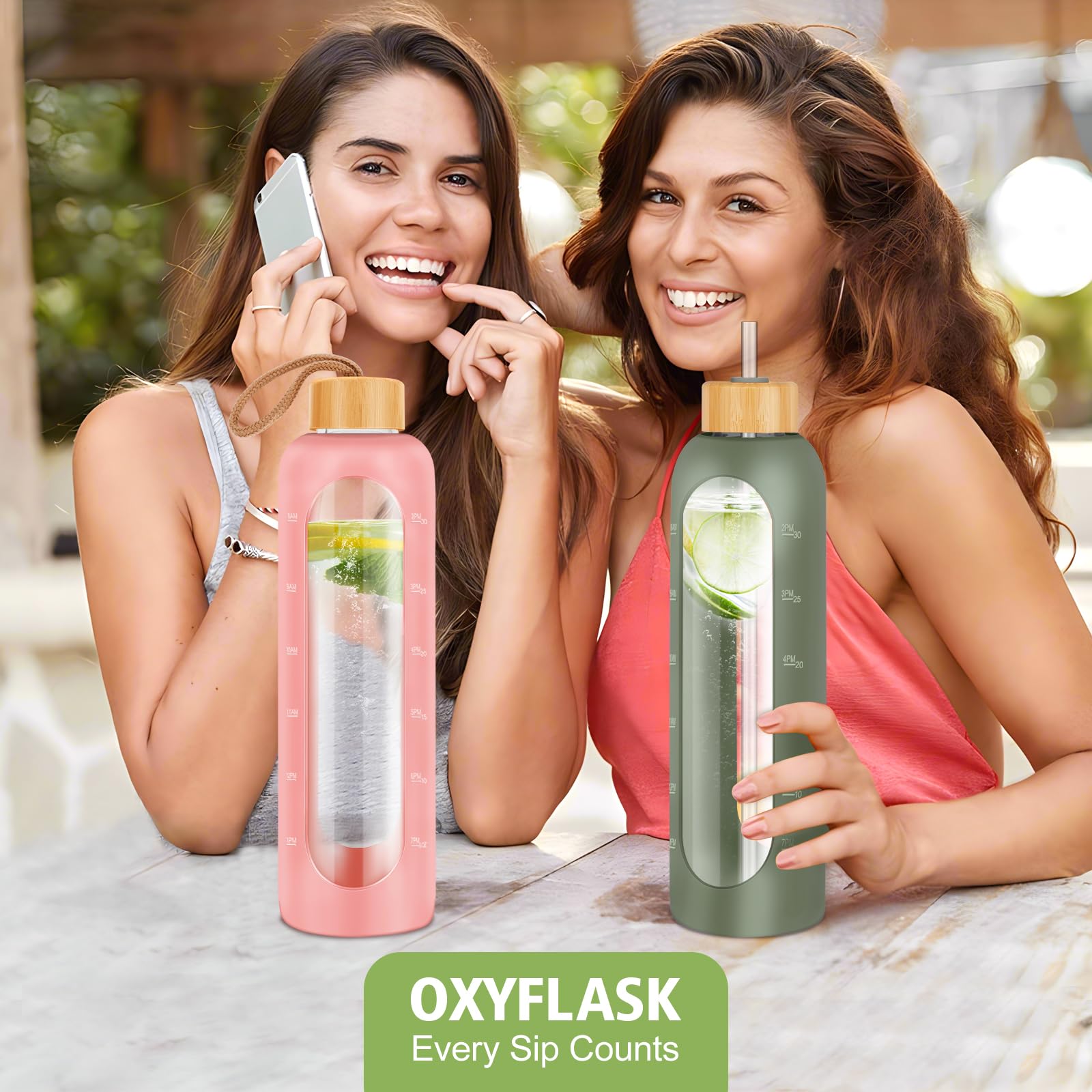 Glass Water Bottles 32 Oz - Motivational Drinking Glass Water Bottle With Silicone Sleeve, Straw