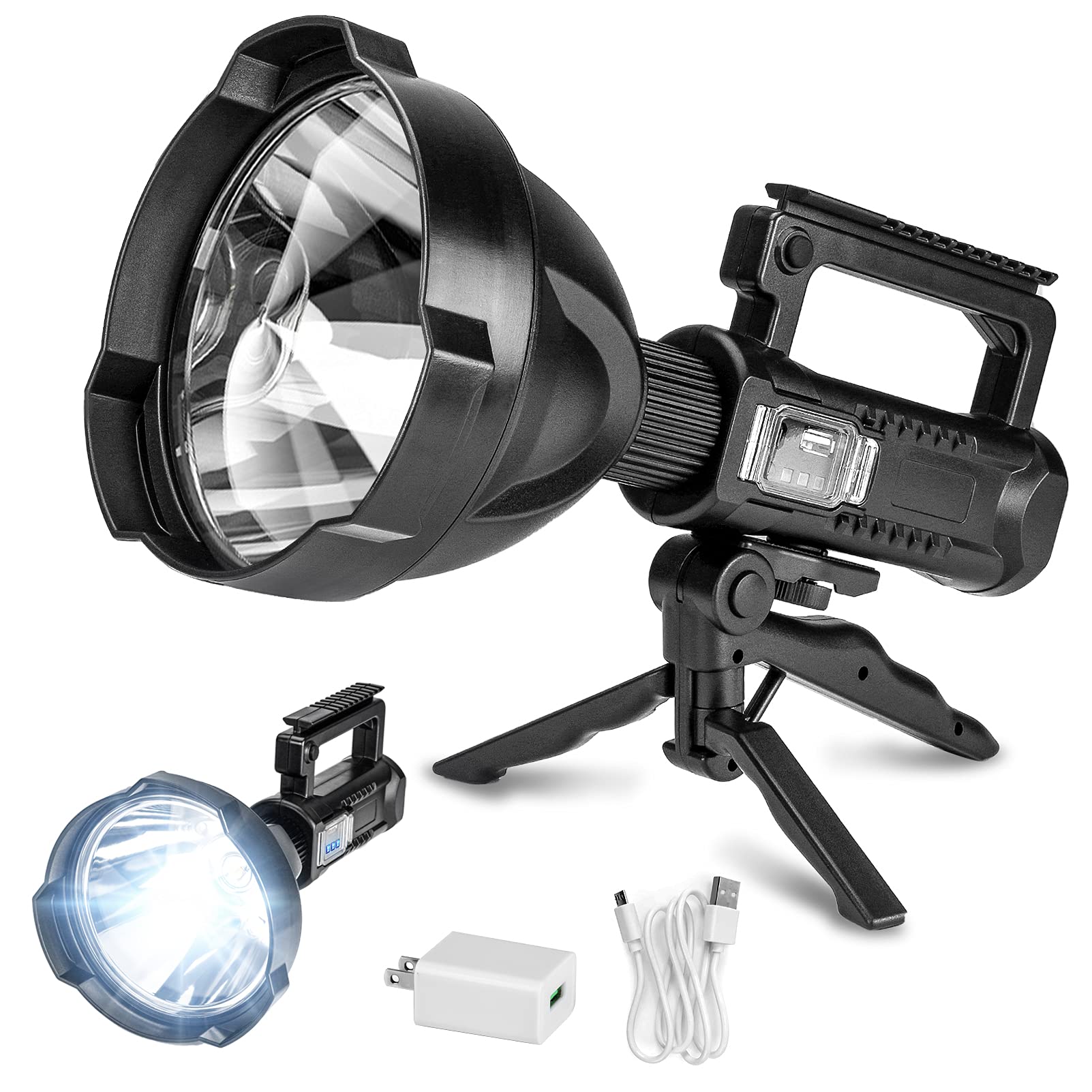 Yongkist Super Bright Rechargeable Led Spotlight,Handheld Tactical Flashlight 4 Modes High Power Portable Waterproof Searchlight For Outdoor Tripod, Adpater And Usb Cable Included