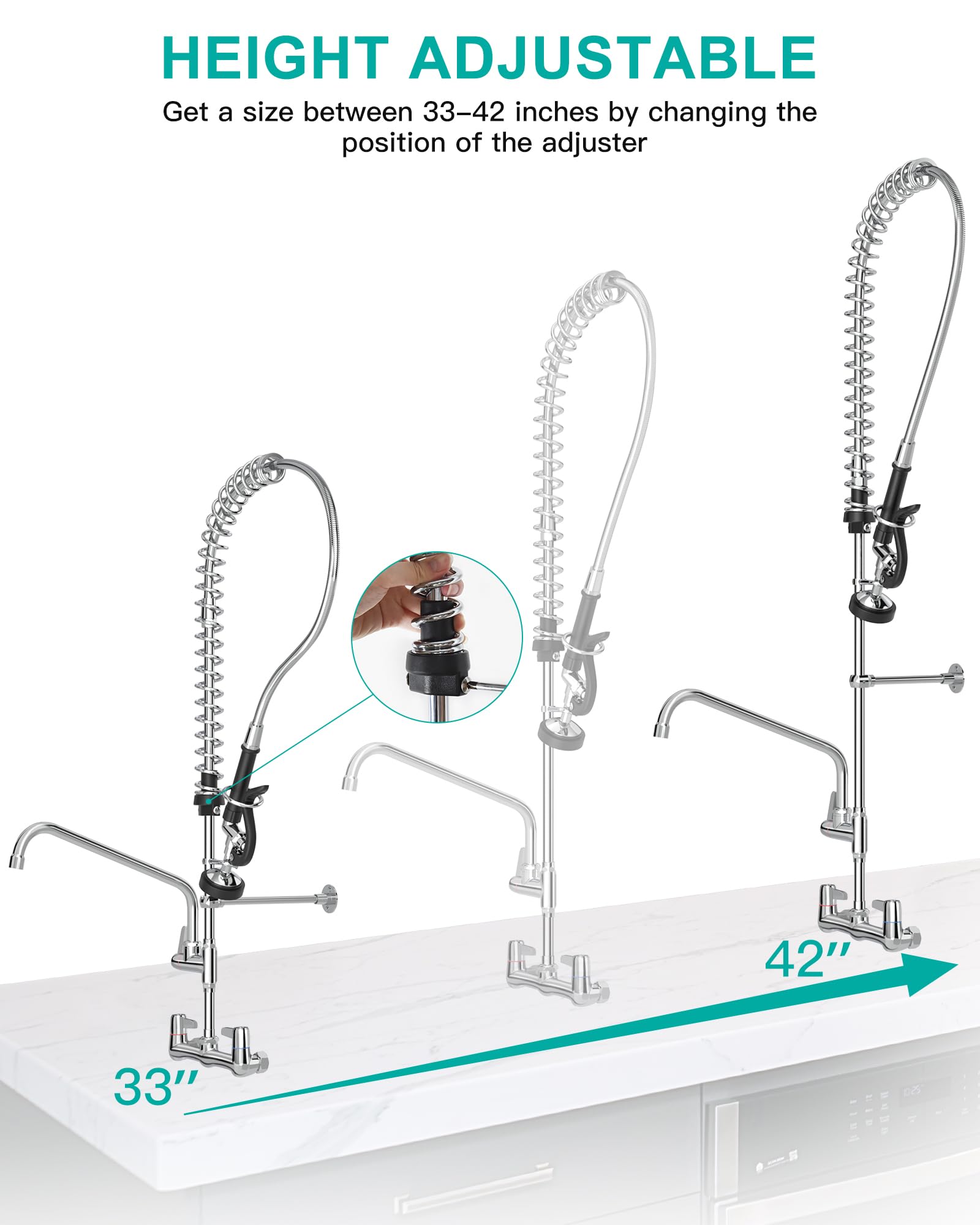 Rnatflu Commercial Faucet With Sprayer Wall Mount : 8 Inch Center Commercial Sink Faucet For Restaurant Industrial Kitchen- Height Adjustable (33-42 Inch) 3 Compartment Sink (Black Sprayer)