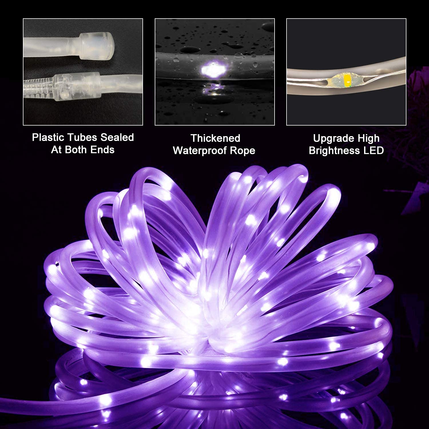 Jmexsuss 8 Modes Solar Powered Light Rope,39.4 Ft 120 Led Outdoor Solar Rope Lights,Waterproof Solar Purple Halloween Lights Rope For Garden,Fence, Yard, Party,Halloween, Christmas Tree Decor(Purple)