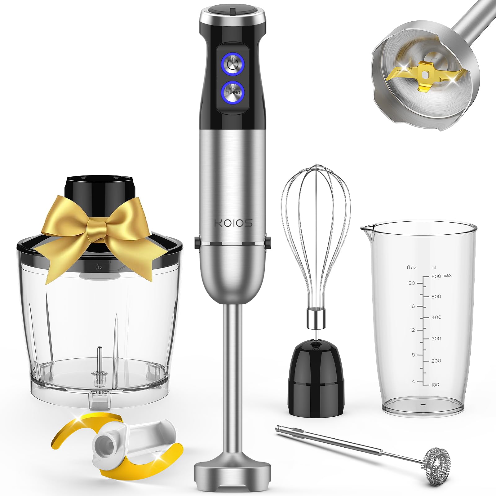 Koios 1000W Immersion Hand Blender, Upgrated 5-In-1 Handheld Blender, Full Copper Motor, Titanium Enhanced Blender Shaft, 12-Speeds, 600Ml Mixing Beaker, 500Ml Chopper, Whisk & Milk Frother