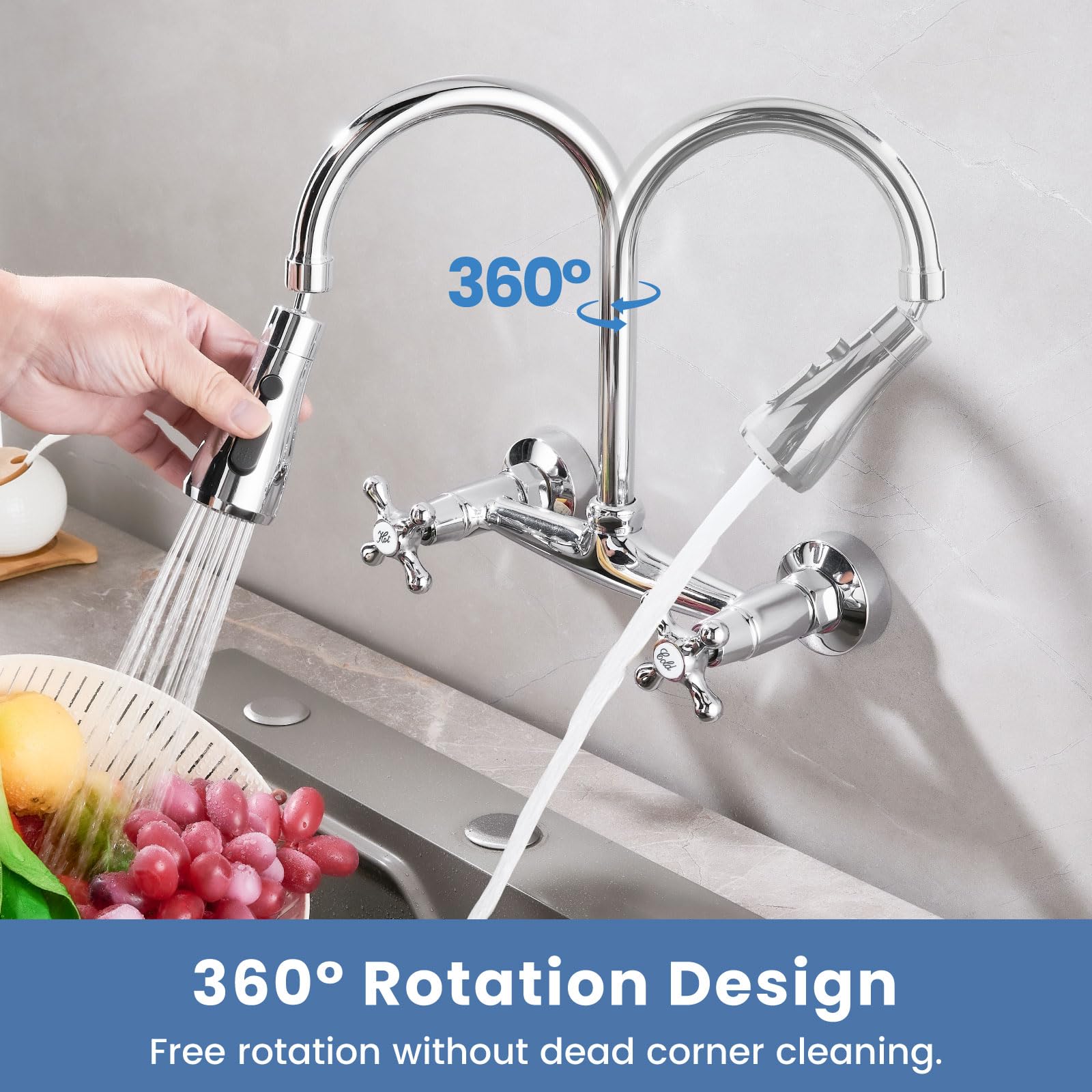 Airuida Wall Mounted Kitchen Faucet 8 Inch Center With 3 Functions Sprayer 360 Degree Swiveldouble Cross Handles Kitchen Faucets Restaurant Utility Laundry Commercial Mixer Tap Chrome Polish