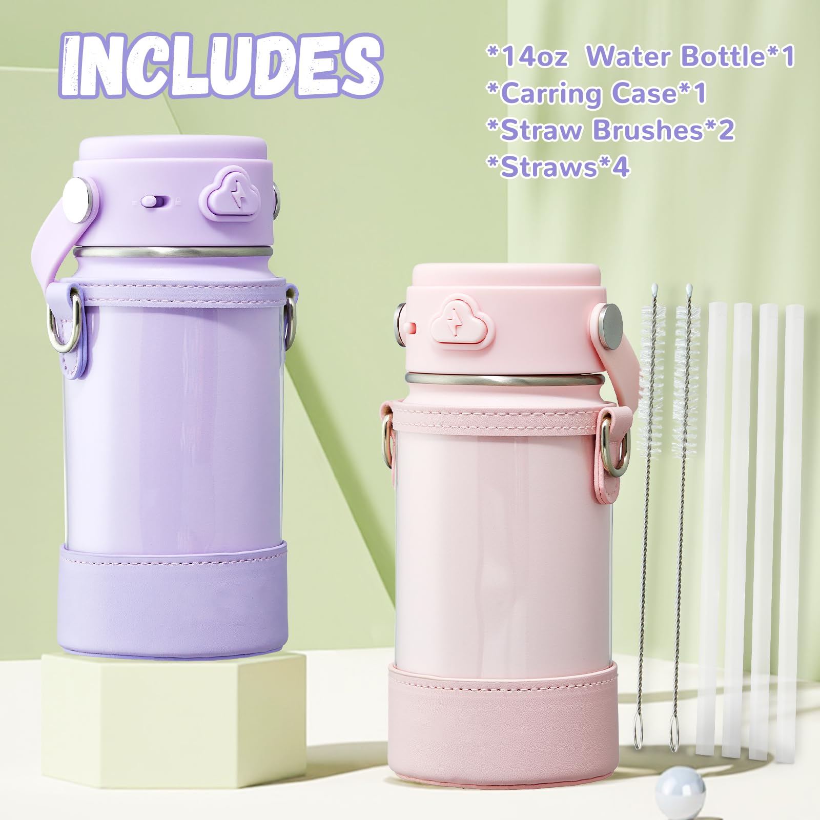 Coktik Kids Water Bottle With Straw, 14Oz Insulated Stainless Steel Tumbler, Leak-Proof Locking Lid