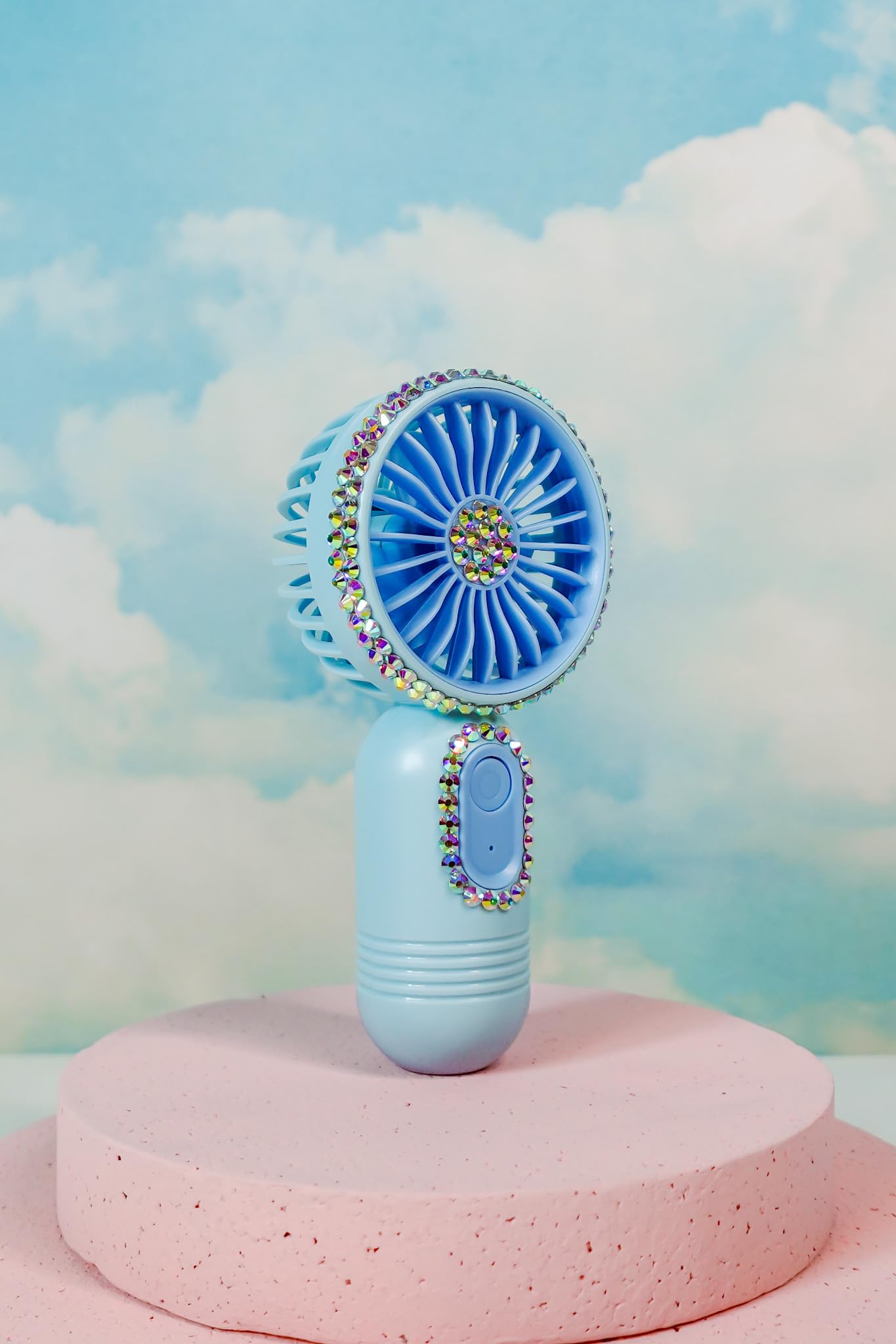 Mini handheld fan with rhinestones, USB rechargeable, 3-speed settings for effective personal cooling