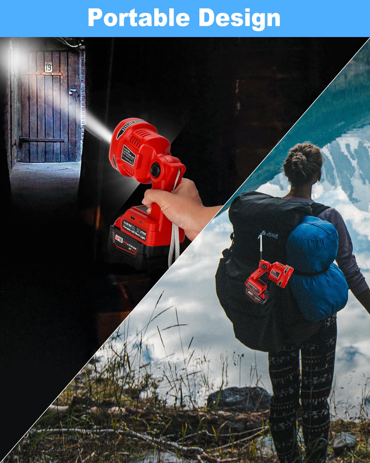 Adisipsoarin Cordless Led Flashlight For Milwaukee M18 18V Battery, 22W Led Work Light With Usb-A&Usb-C 2.1A Fast Charging Ports For Jobsite, Car Repairing, Camping, Emergency